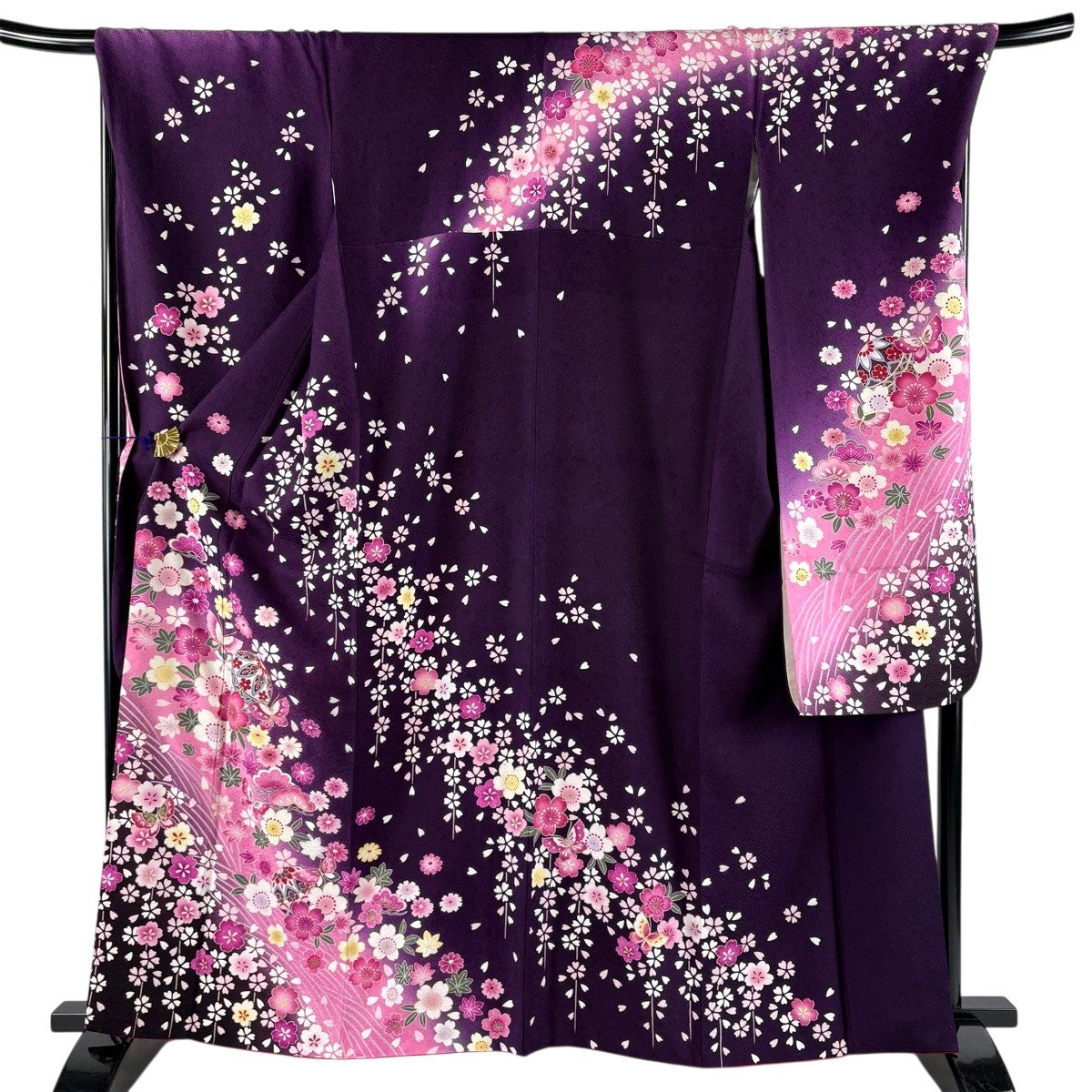 振袖　超美品　正絹　金糸刺繍　濃紫 振袖 身丈165.5cm 裄丈68cm L 袷 花車 草花 金糸 金彩 濃紫 正絹 秀品