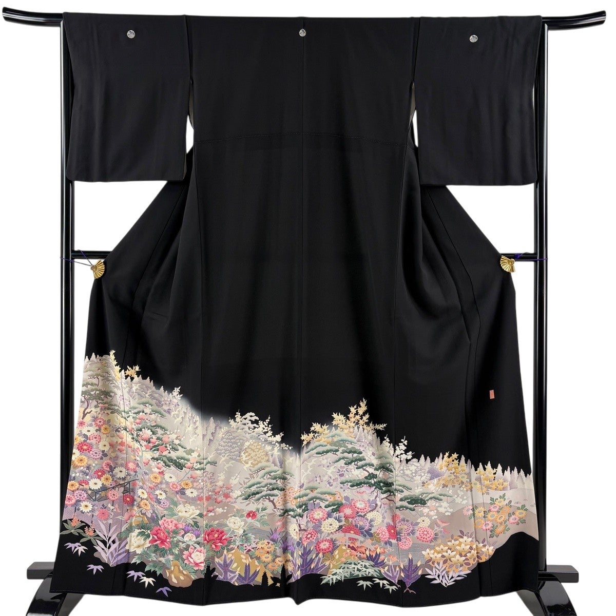 黒留袖 身丈162cm 裄丈63cm S 袷 落款あり 鴛鴦 菊 金糸 金彩 黒 正絹