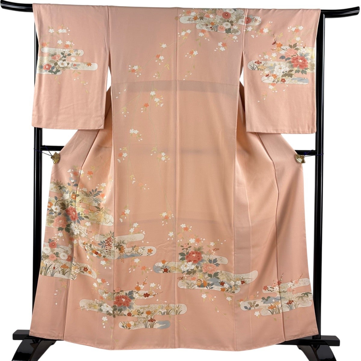 訪問着 身丈161.5cm 裄丈66cm M 袷 牡丹 ヱ霞 金彩 サーモンピンク