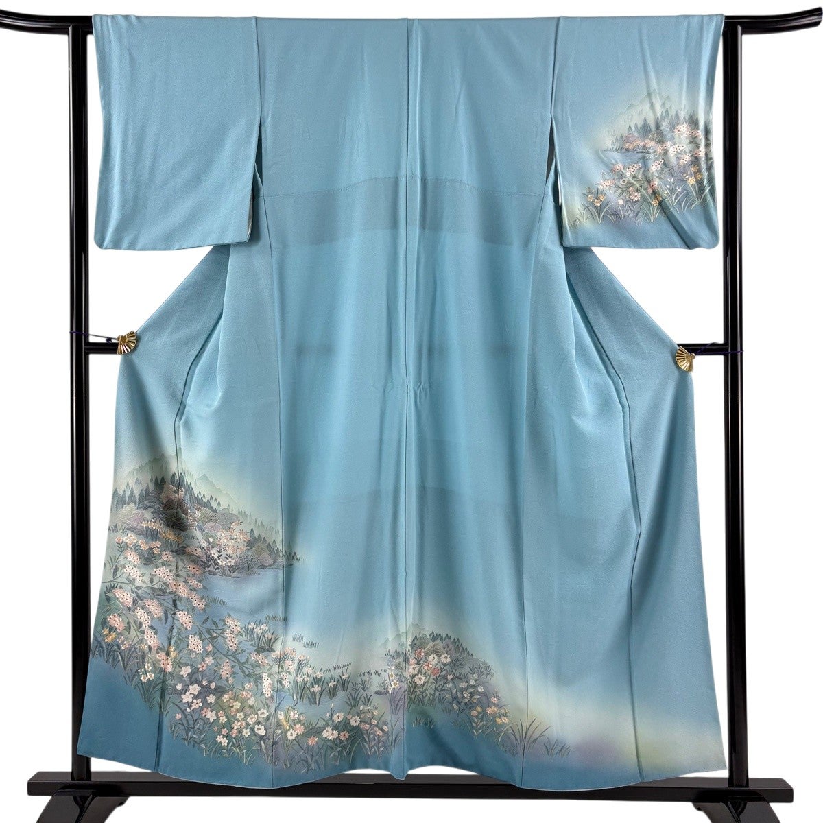 国産本麻(近江麻)裃 上衣のみ 濃い水色 訪問着 身丈154cm 裄丈61cm S 袷 草花 家屋 金糸 水色 正絹 名品｜中古