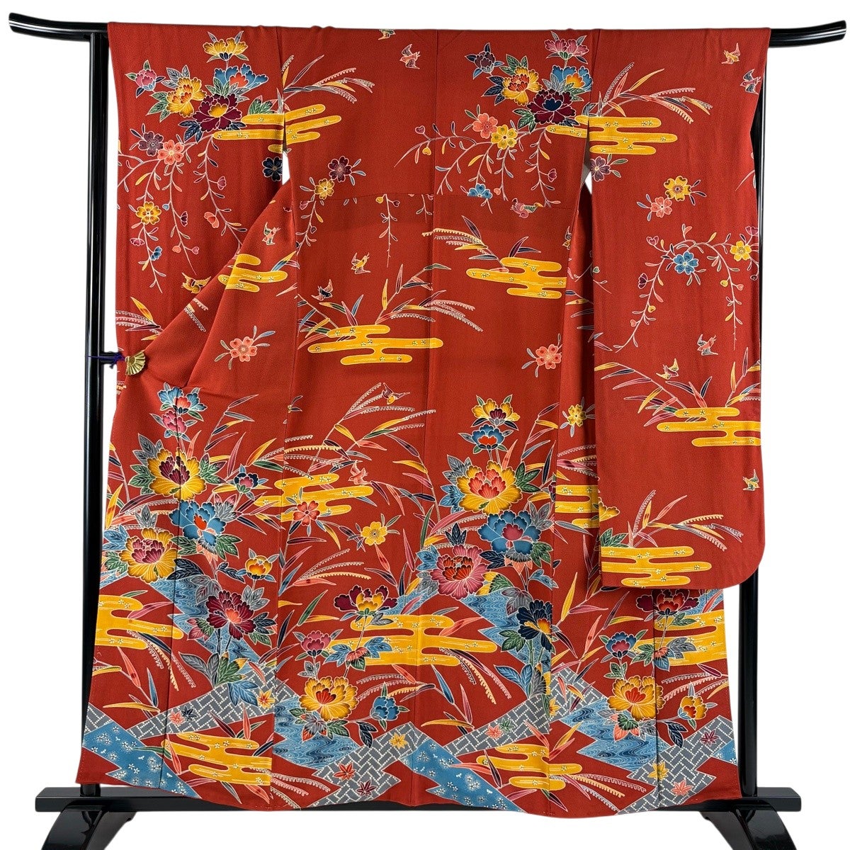 振袖 身丈157.5cm 裄丈63.5cm 正絹 秀品 【中古】 振袖 身丈157cm 裄丈65cm M 袷 縮緬 赤 正絹 秀品 五つ紋 【中古