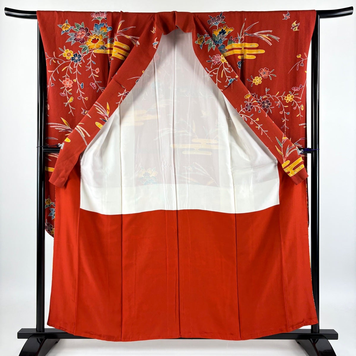 振袖 身丈157.5cm 裄丈65.5cm 正絹 秀品 【中古】 振袖 身丈157cm 裄丈65cm M 袷 縮緬 赤 正絹 秀品 五つ紋 【中古