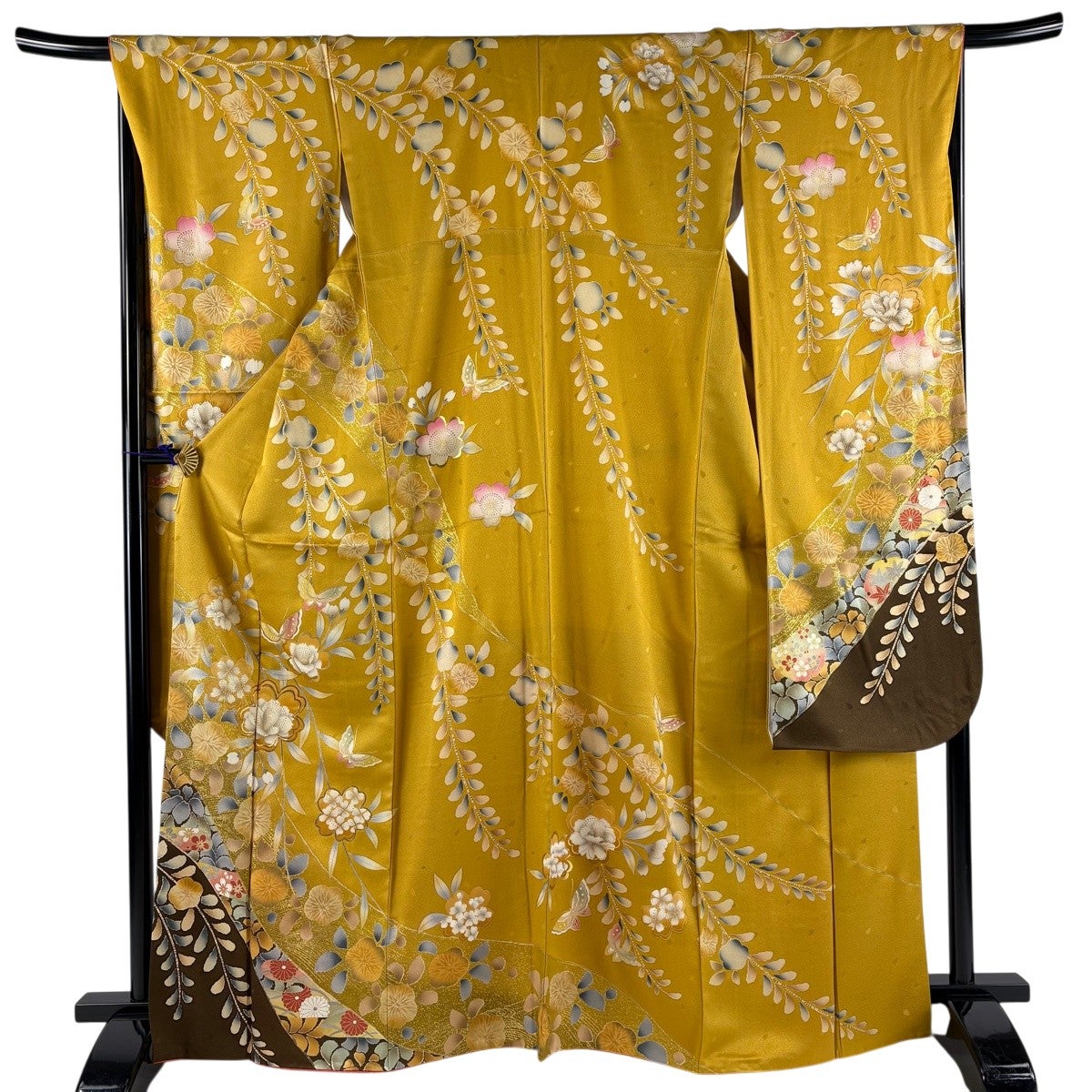 美品】 振袖 身丈167cm 裄丈65.5cm M 袷 桜 蝶 金糸 金彩 黄土色 正絹