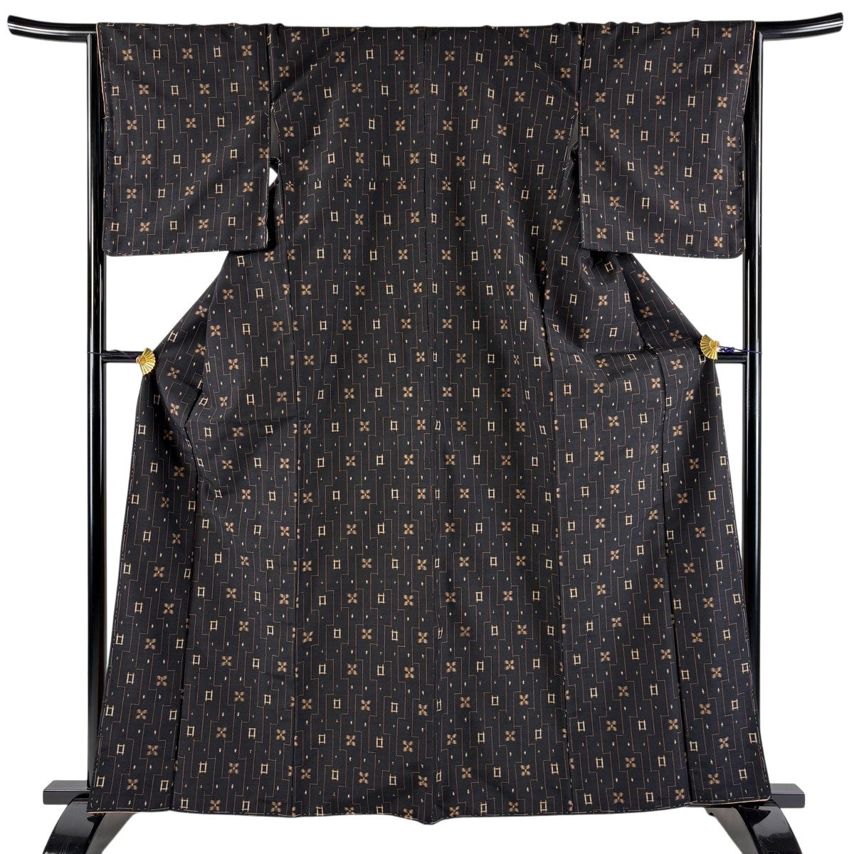 美品】 紬 身丈168.5cm 裄丈68cm L 袷 本場琉球絣 証紙あり 燕 縦縞 茶