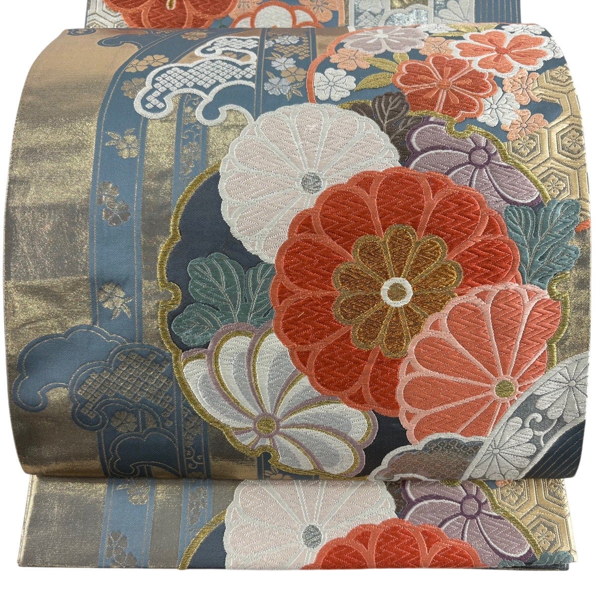 50%OFF 【美品】 袋帯 秀品 鳥獣華文様 箔 唐織 茶緑色 六通 正絹 K50