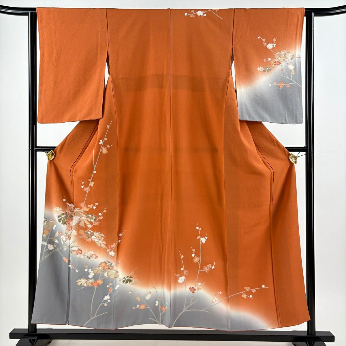 訪問着 身丈154cm 裄丈62.5cm S 袷 枝花 金彩 ぼかし 鶯色 正絹 秀品