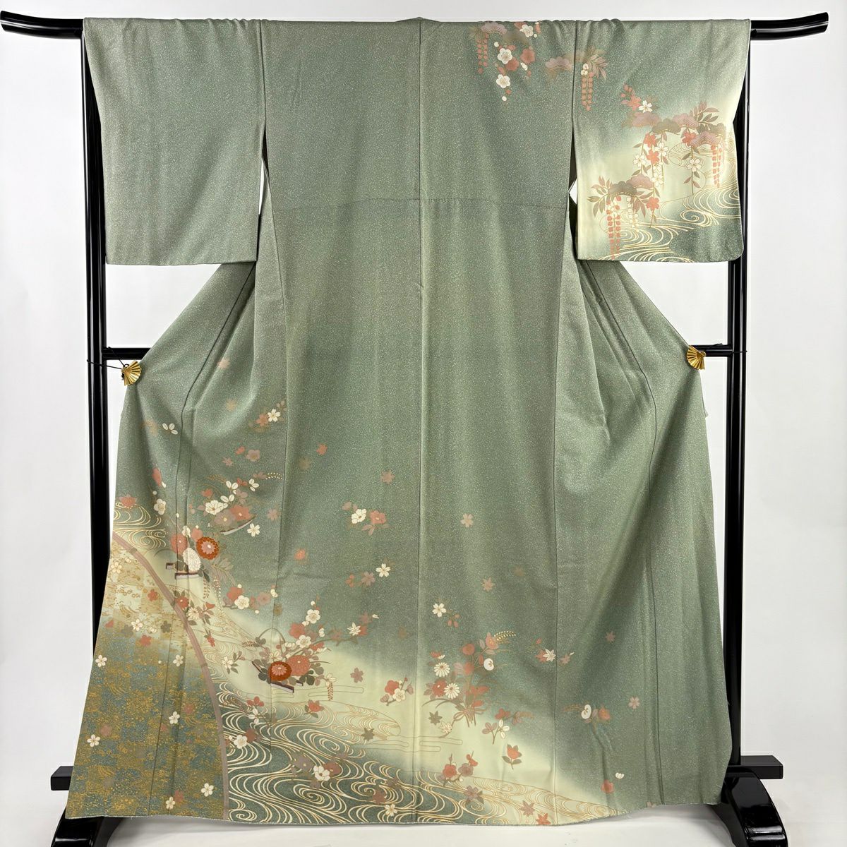 訪問着 身丈155cm 裄丈62cm 正絹 秀品 【中古】 美品】 訪問着 身丈155cm 裄丈62.5cm S 袷 霞 草花 総絞り 黒 正絹 秀