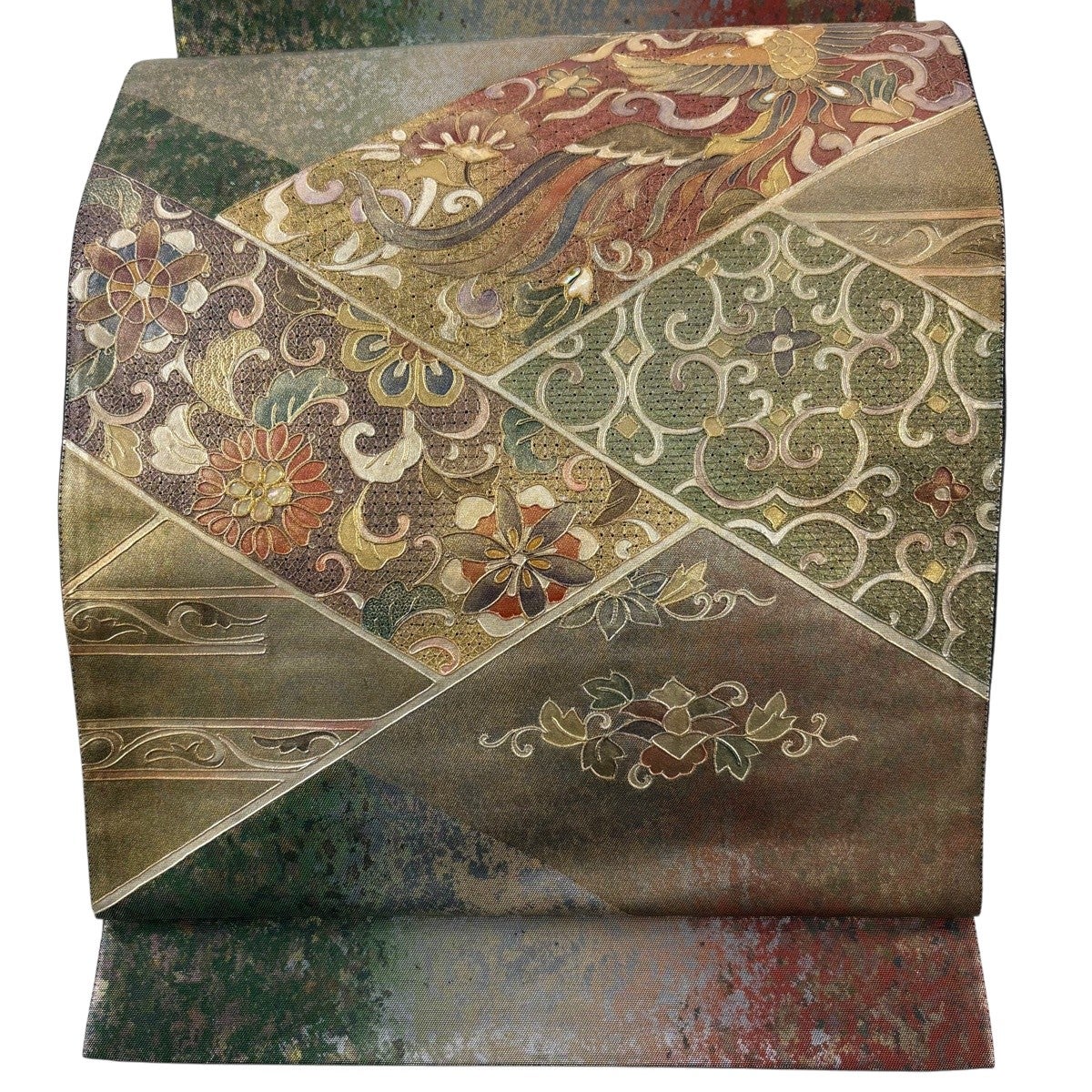 袋帯 秀品 花唐草 螺鈿 金彩 赤茶 お太鼓柄 正絹｜中古・古着