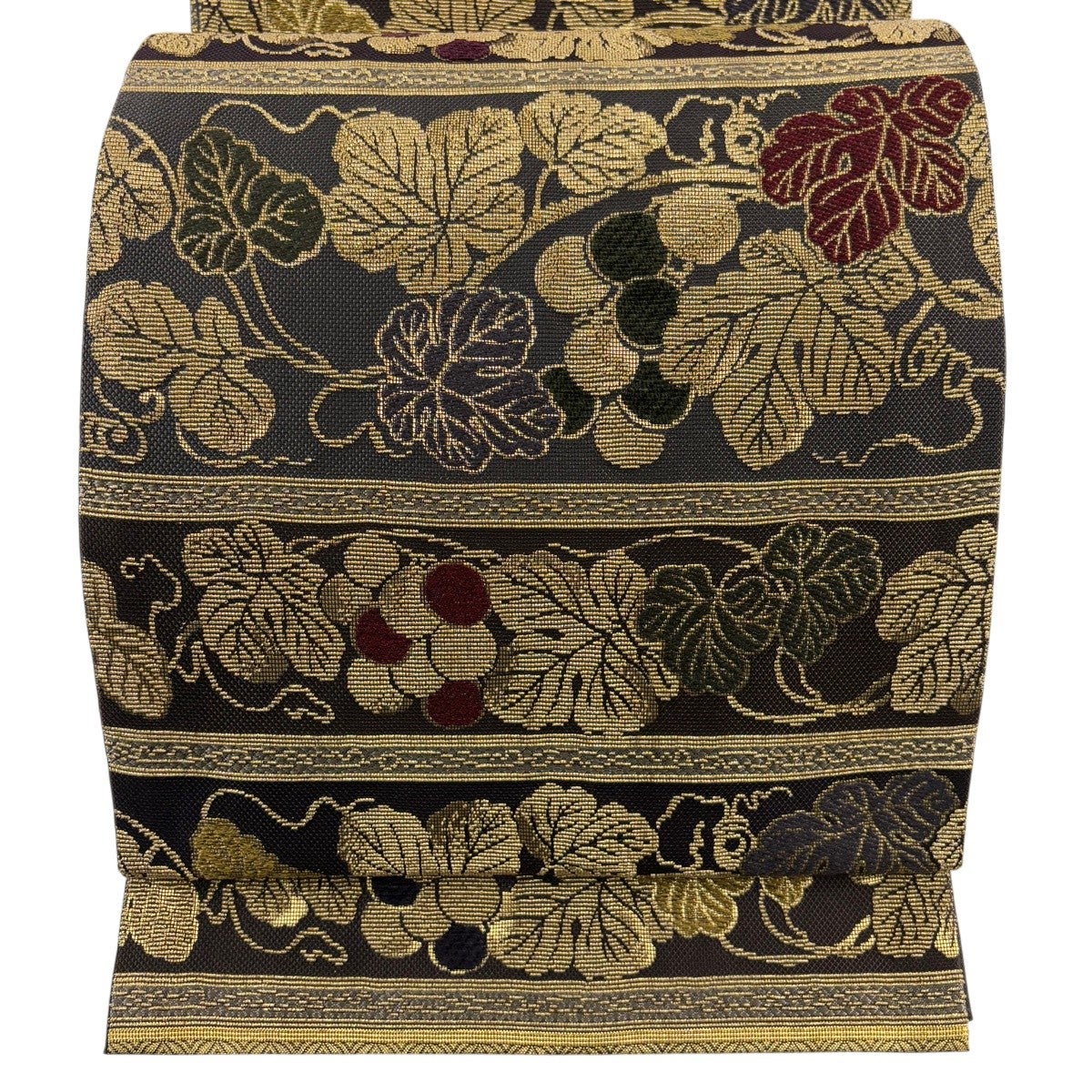 美品】 袋帯 秀品 落款あり 紹巴 華文 花唐草 金銀糸 箔 黄土色 六通