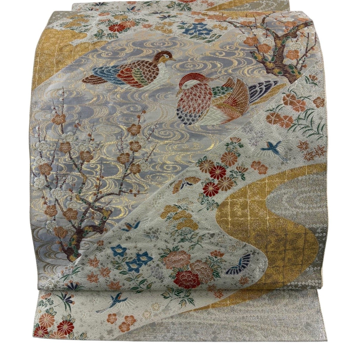 美品】 袋帯 名品 桜 波 銀糸 箔 灰色 六通 正絹｜中古・古着