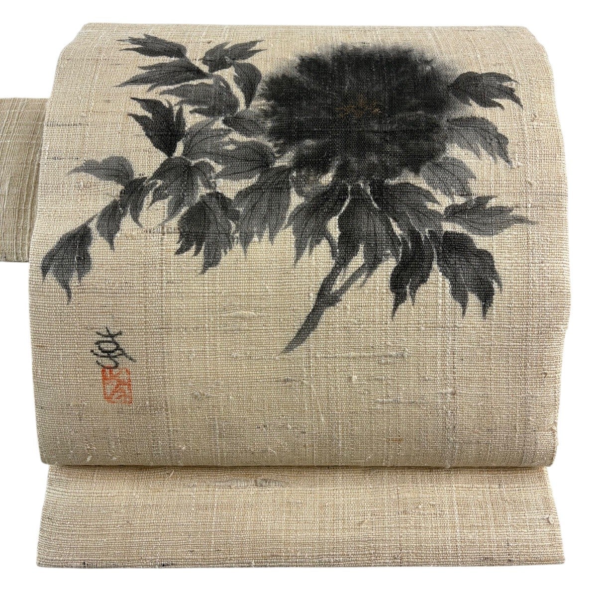 美品】 名古屋帯 名品 落款あり 紬地 牡丹 金彩 ベージュ 正絹｜中古