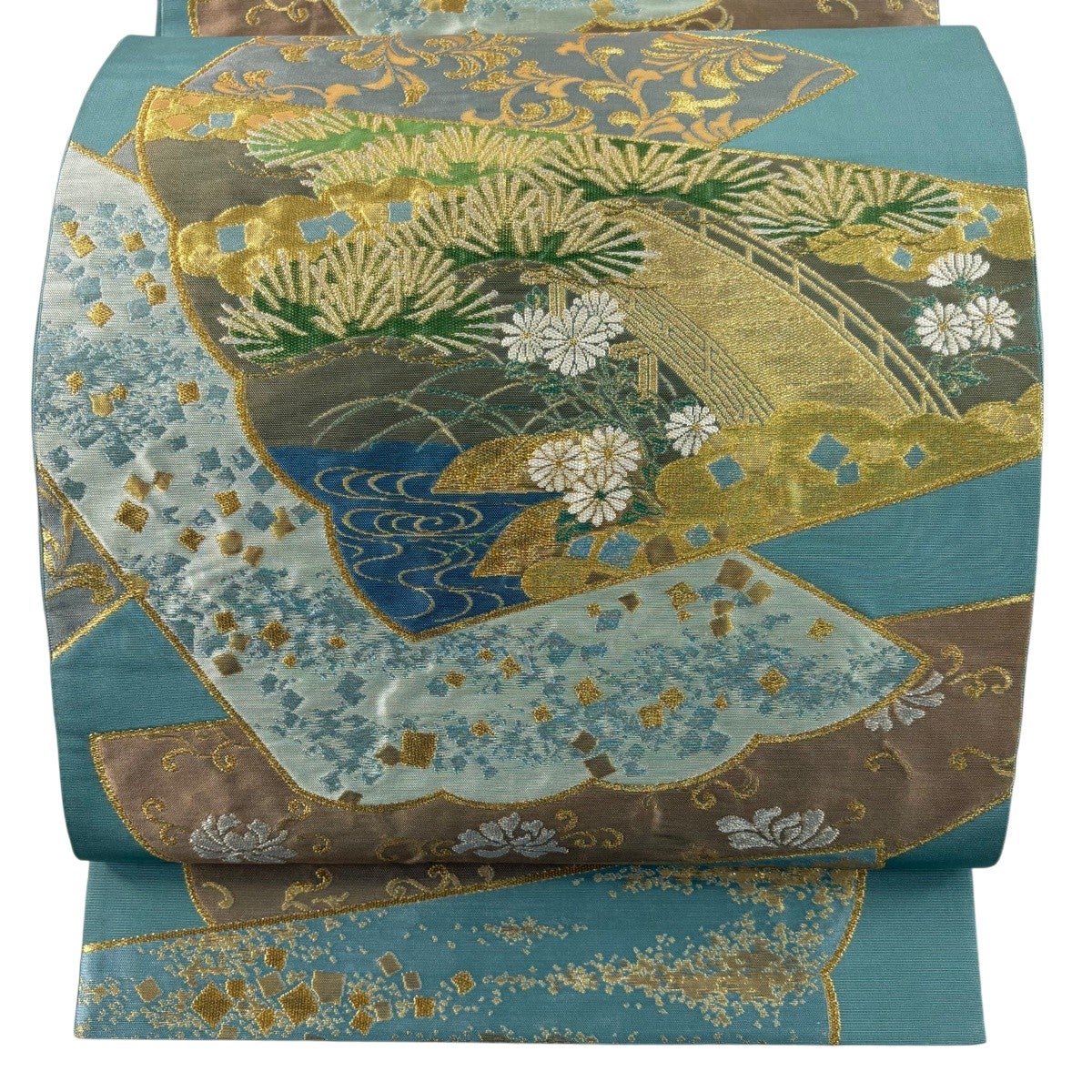 袋帯 秀品 川島織物 落款あり 関西仕立て 巻物 草花 金銀糸 箔 金色 六