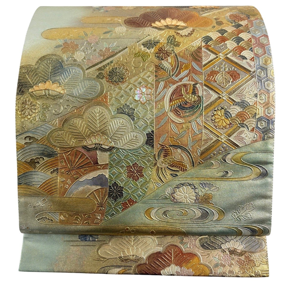 袋帯 秀品 絵箔螺鈿 文箱 琵琶 金彩 灰色 お太鼓柄 正絹｜中古・古着