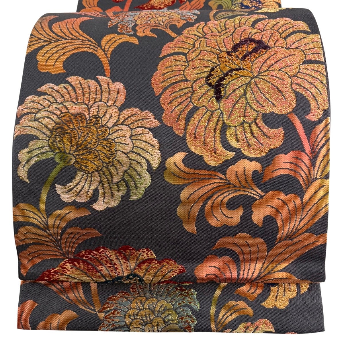 美品】 袋帯 名品 福壽牡丹文 箔 金糸 墨色 全通 正絹｜中古・古着