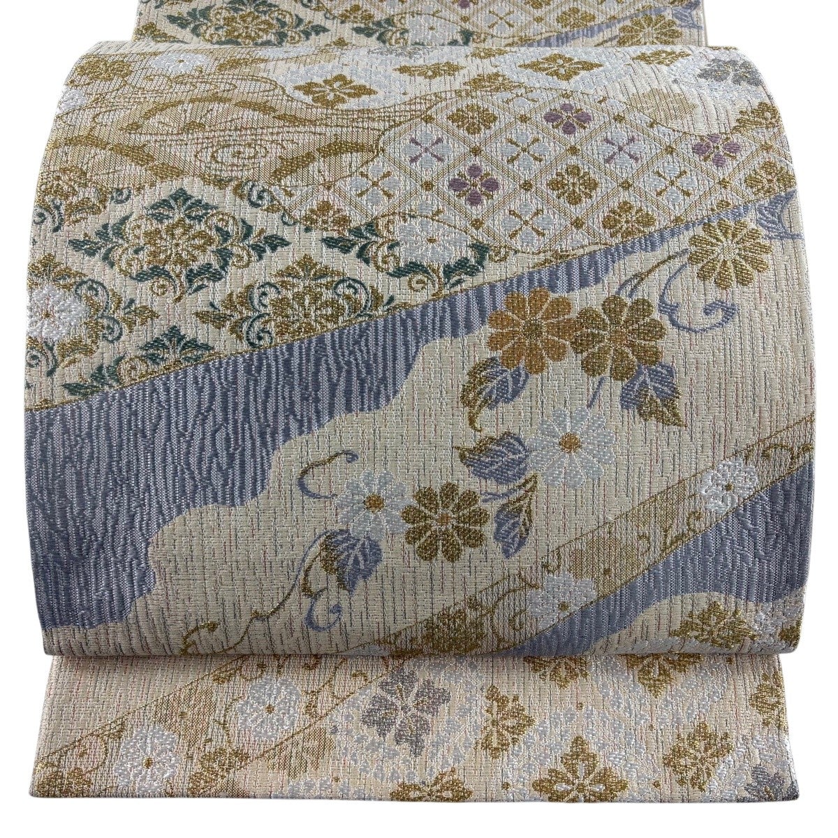 美品】 袋帯 名品 七宝花菱 菊唐草 金銀糸 ベージュ 六通 正絹｜中古