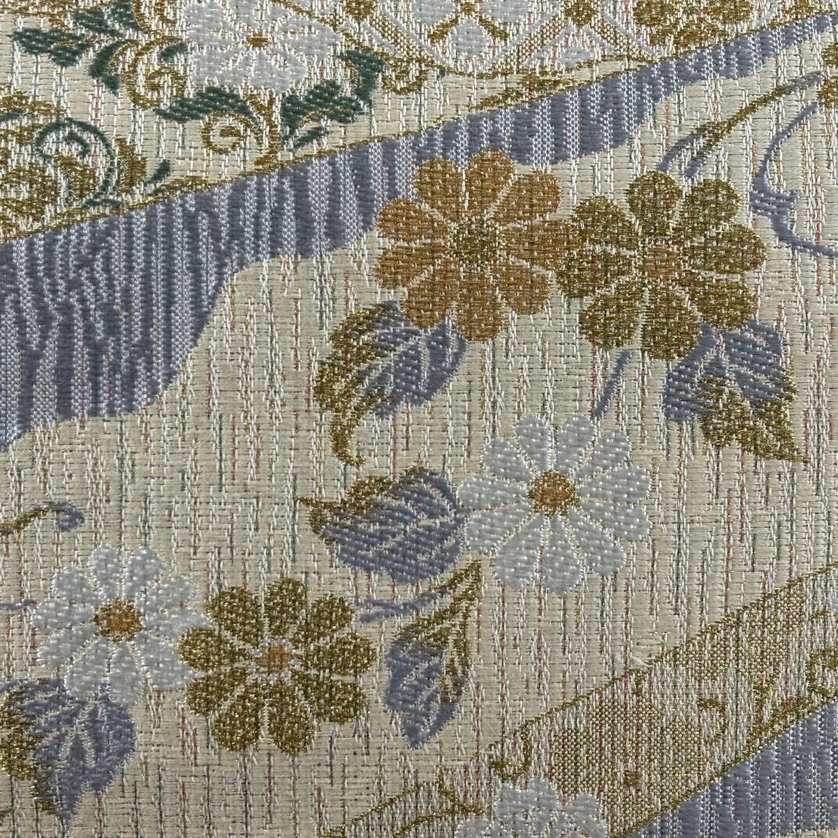 美品】 袋帯 名品 七宝花菱 菊唐草 金銀糸 ベージュ 六通 正絹｜中古