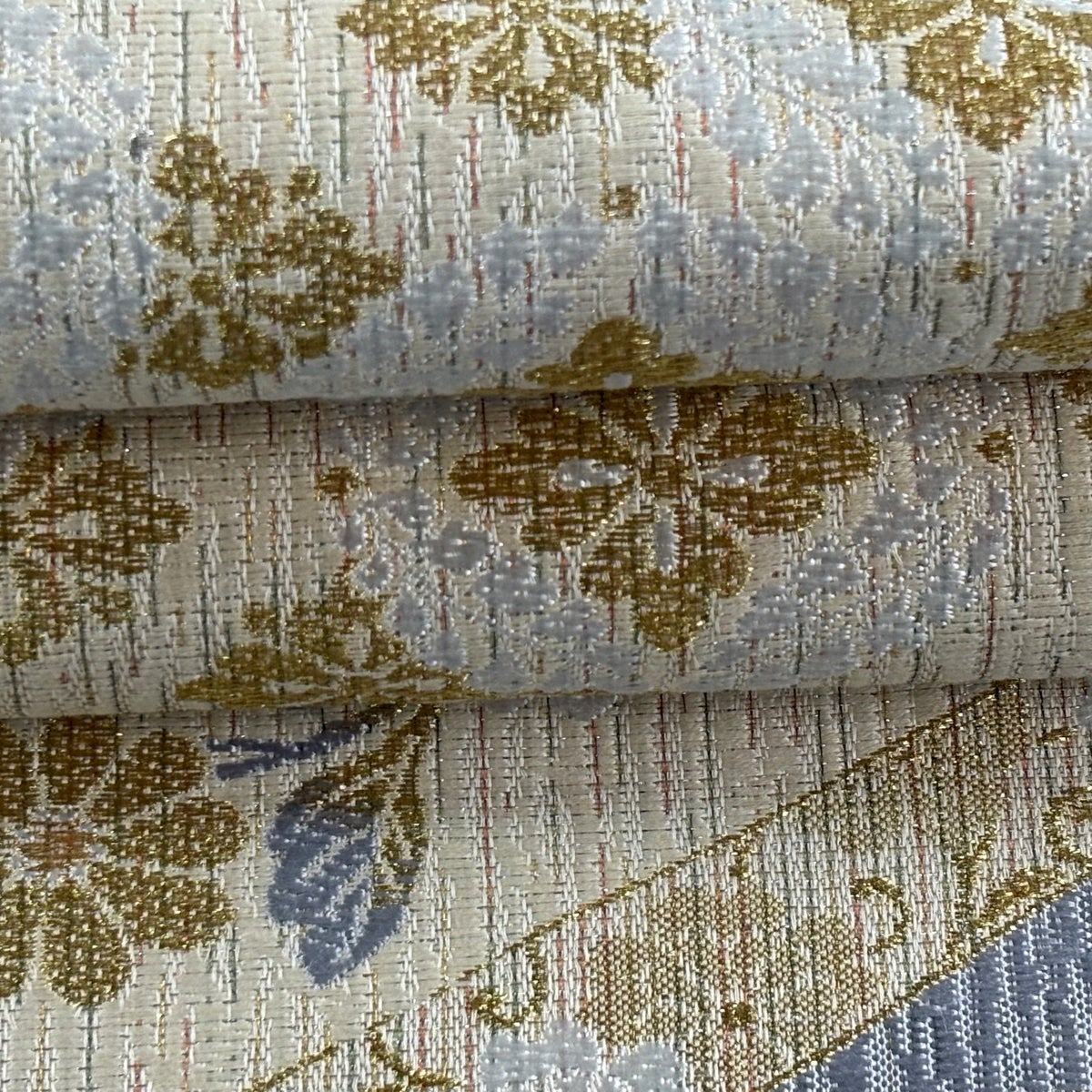 美品】 袋帯 名品 七宝花菱 菊唐草 金銀糸 ベージュ 六通 正絹｜中古