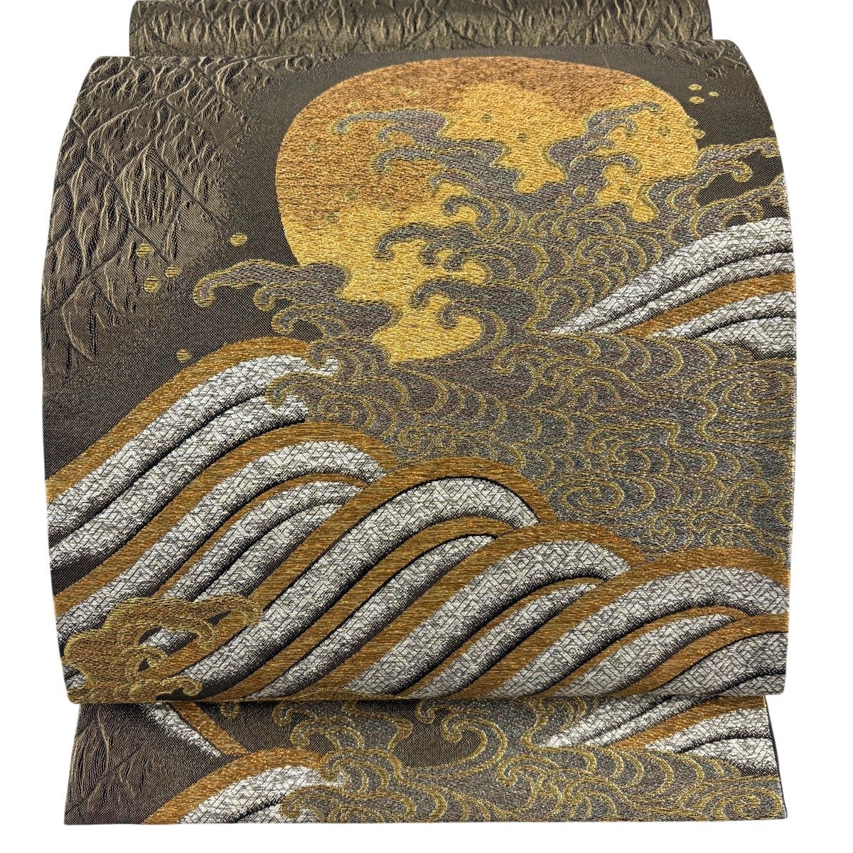 美品】 袋帯 名品 風景 波頭 箔 金糸 茶緑色 お太鼓柄 正絹｜中古