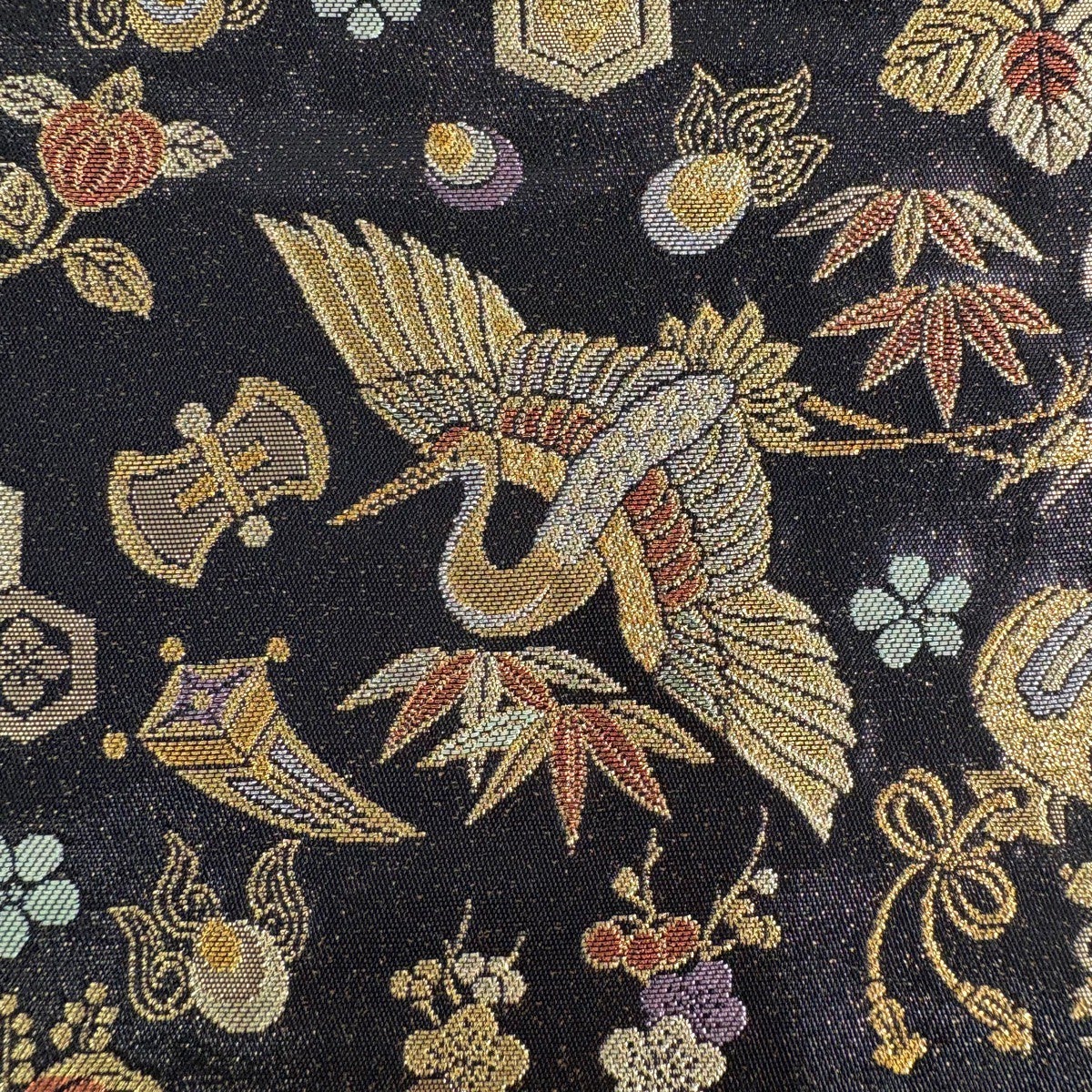 美品】 袋帯 名品 宝尽くし 鶴 箔 黒 六通 正絹｜中古・古着