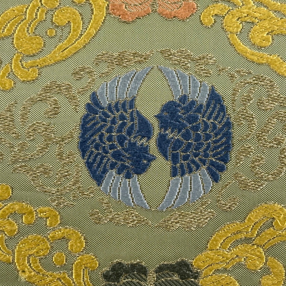 袋帯 名品 花菱 向かい鳥 金糸 唐織 灰緑 六通 正絹｜中古・古着