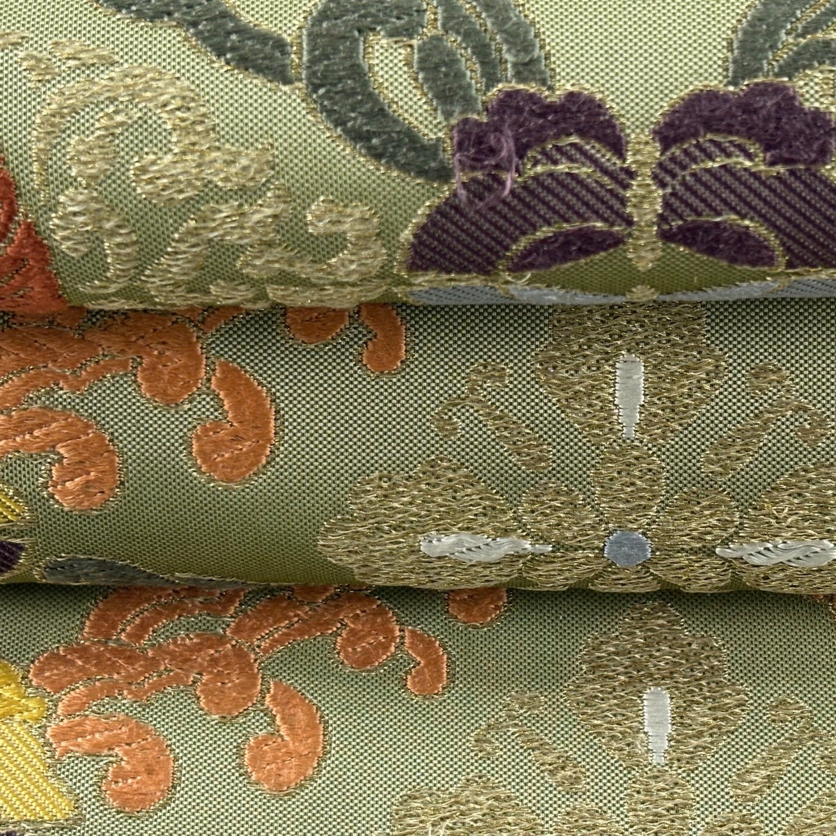 袋帯 名品 花菱 向かい鳥 金糸 唐織 灰緑 六通 正絹｜中古・古着
