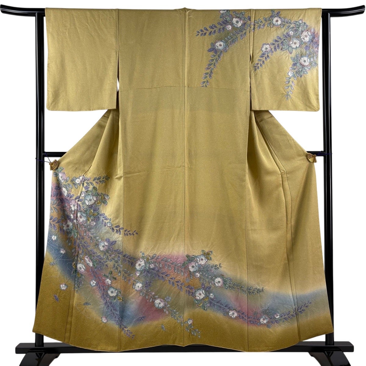 訪問着 身丈167.5cm 裄丈67.5cm L 袷 草花 金彩 ぼかし 黄土色 正絹