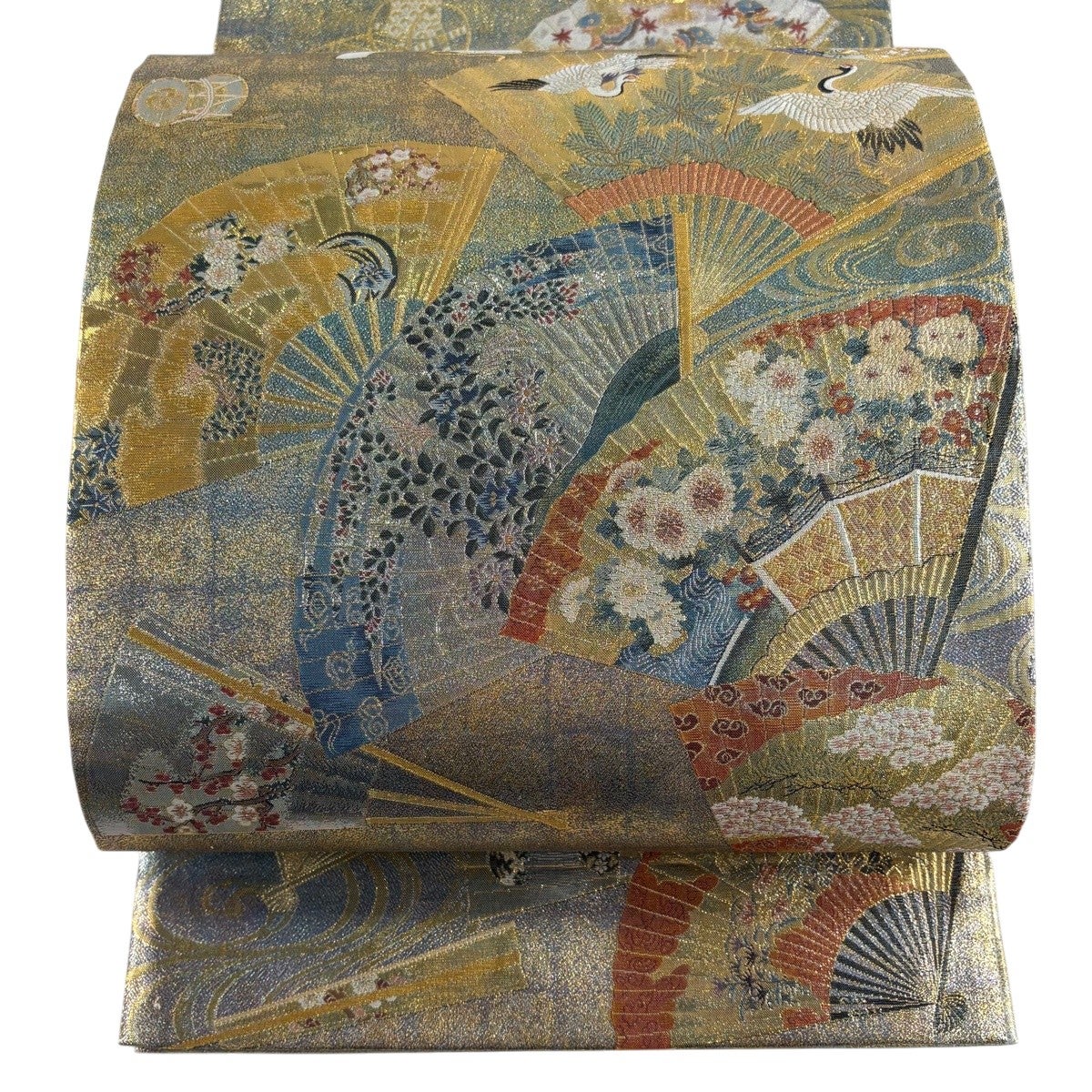50%OFF 袋帯 名品 落款あり 徳川美術館秘蔵 扇 花鳥 金糸 箔 金色