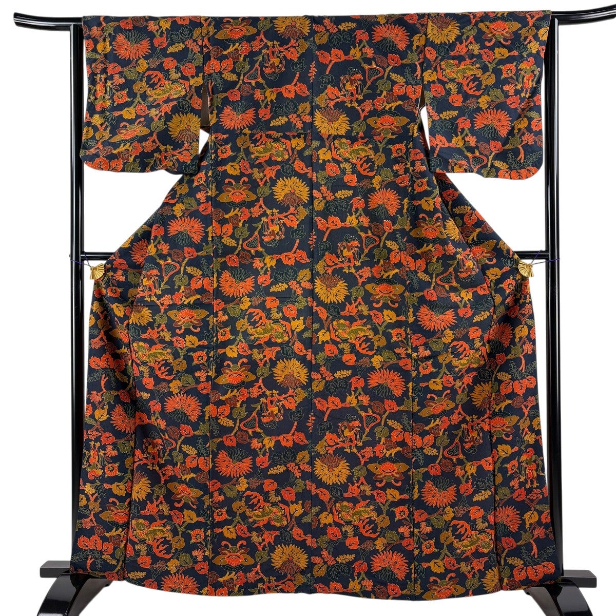 送料無料】未使用品 小紋 ダークブラウン 花文 身丈154.0cm 裄丈67.0cm 