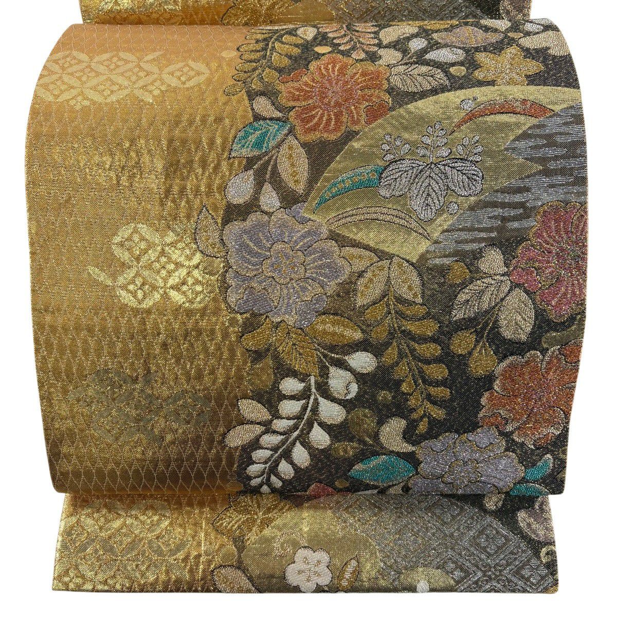美品】 袋帯 秀品 関西仕立て 華文 花鳥 金糸 箔 金色 六通 正絹｜中古