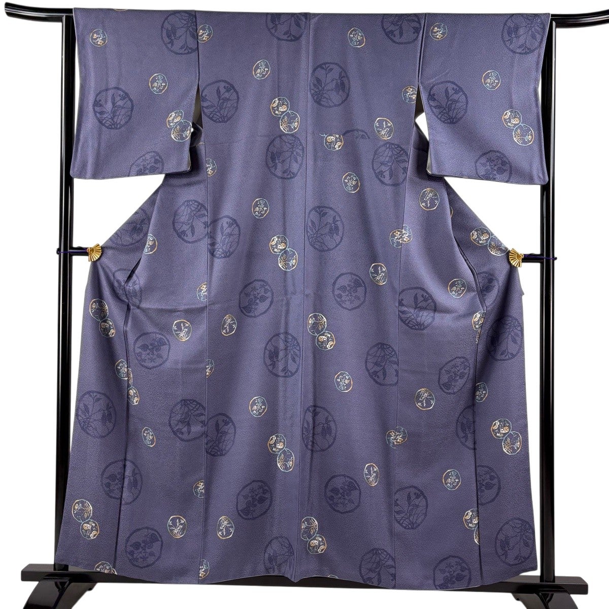 小紋 身丈159cm 裄丈63cm S 袷 草花 地紋 紫 正絹 秀品｜中古・