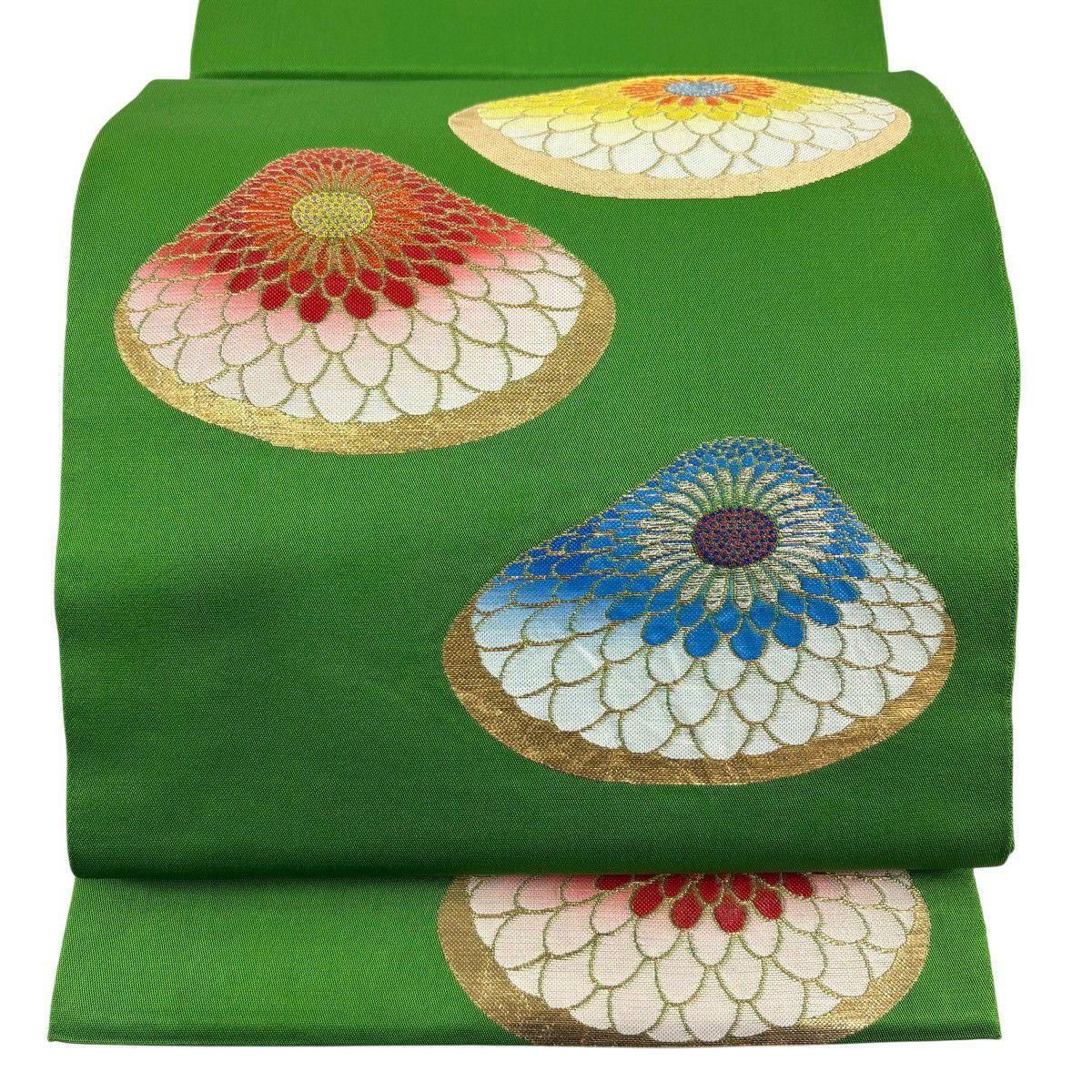 袋帯 逸品 龍村平蔵 落款あり 追粉菊錦 刺繍 箔 黄緑色 お太鼓柄 正絹