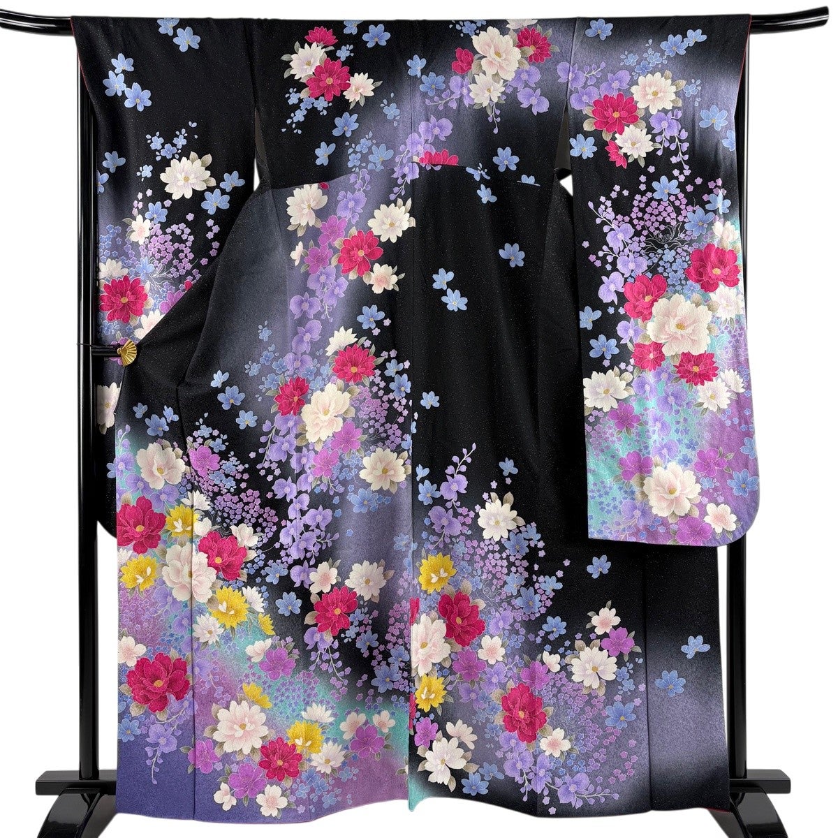 振袖 着物 中古 正絹 花模様 銀通し 濃紺色 水色 多色 身丈168cm 裄65cm L トール きもの北條 A1098-4 振袖 着物 中古 正絹 花模様 銀通し 濃紺色 水色 多色 身丈168cm 裄