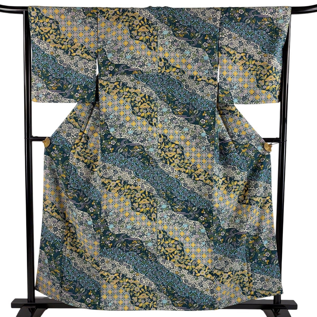 30%OFF 【美品】 小紋 身丈155.5cm 裄丈64cm M 袷 変わり市松 草花 茶 