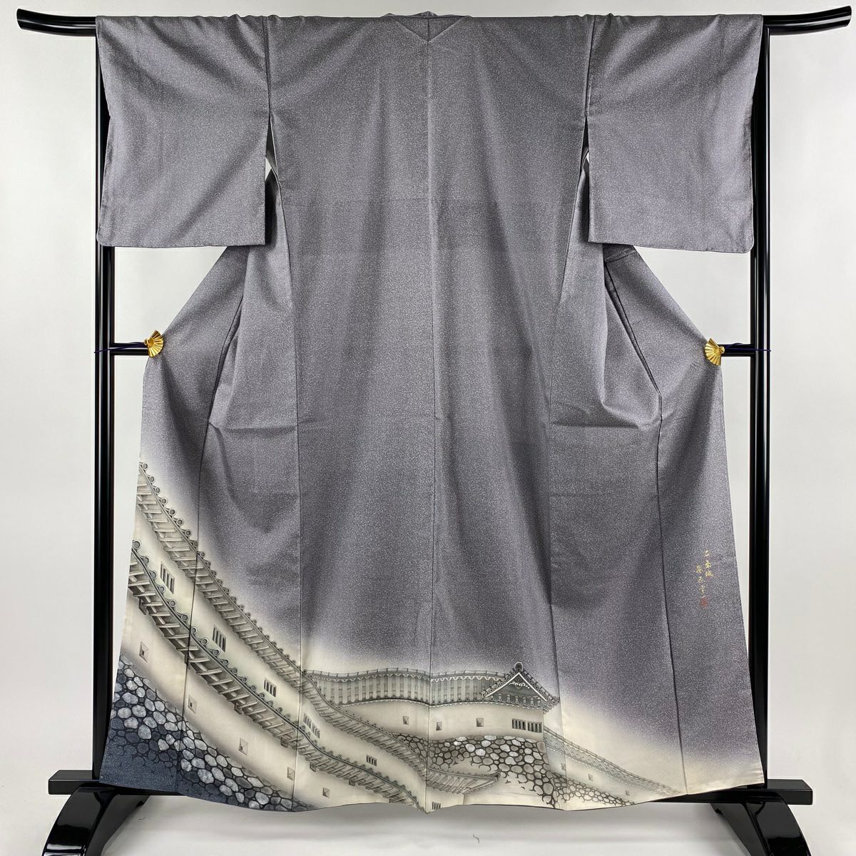 ★専用★単衣 紬 グレー ストライプ 身丈160.5cm 裄丈64cm お洒落 訪問着 身丈160.5cm 裄丈67cm M 袷 安原幸一 紬地 落款あり 二条城