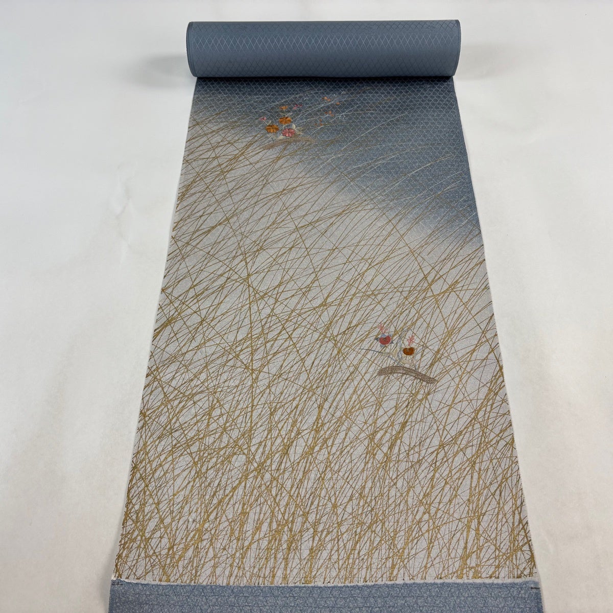 反物 秀品 付下げ 菊 橘 刺繍 金銀糸 青灰色 正絹｜中古・古着