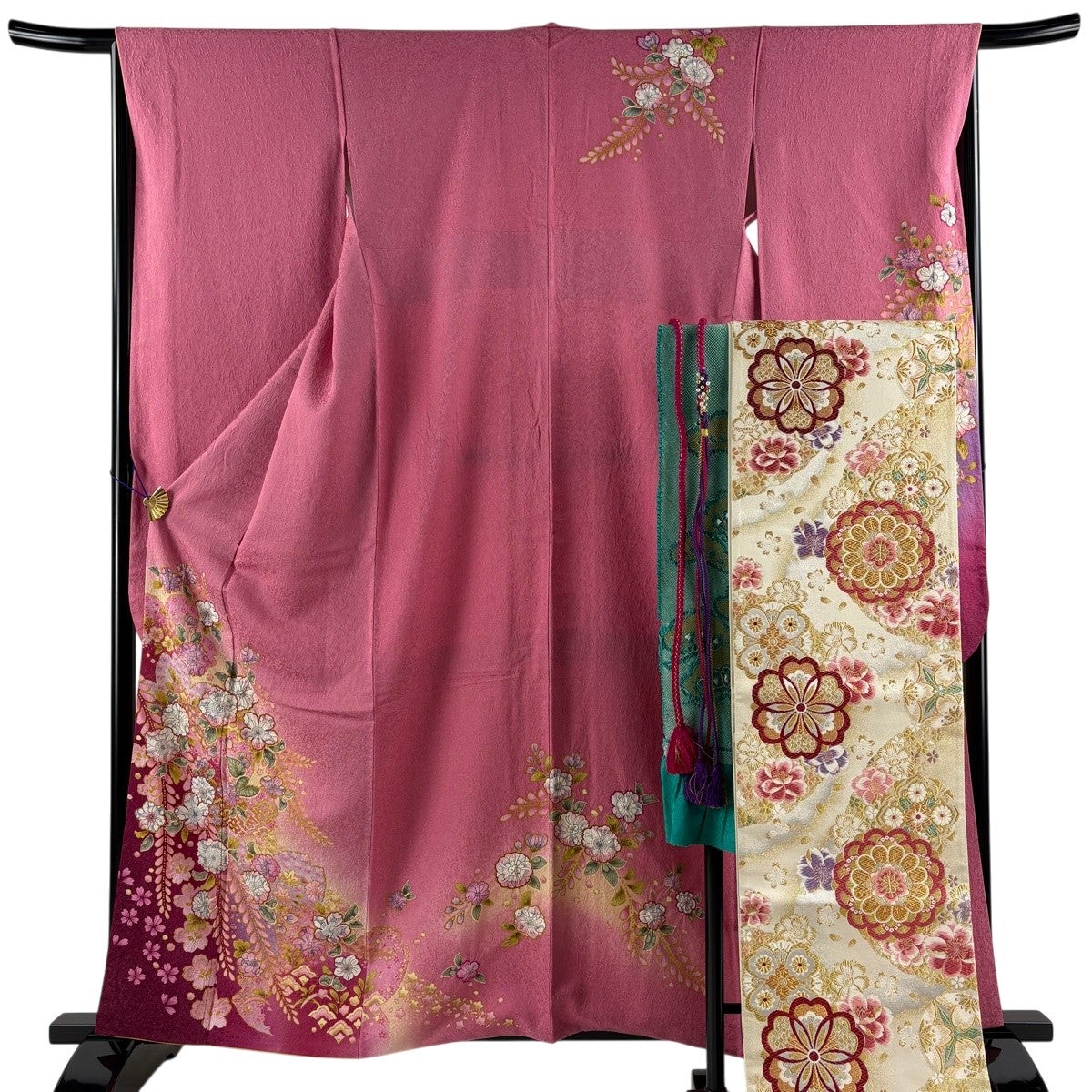 中古美品 振袖 長襦袢 帯揚げ 作家物 辻ヶ花 金糸 紫■ON71104-14 振袖 身丈161cm 裄丈66.5cm M 袷 袋帯フルセット 辻が花 金通し 金彩