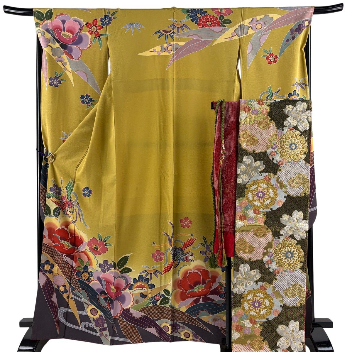 美品】 振袖 身丈161cm 裄丈68cm L 袷 袋帯フルセット 鈴乃屋 草花 鼓