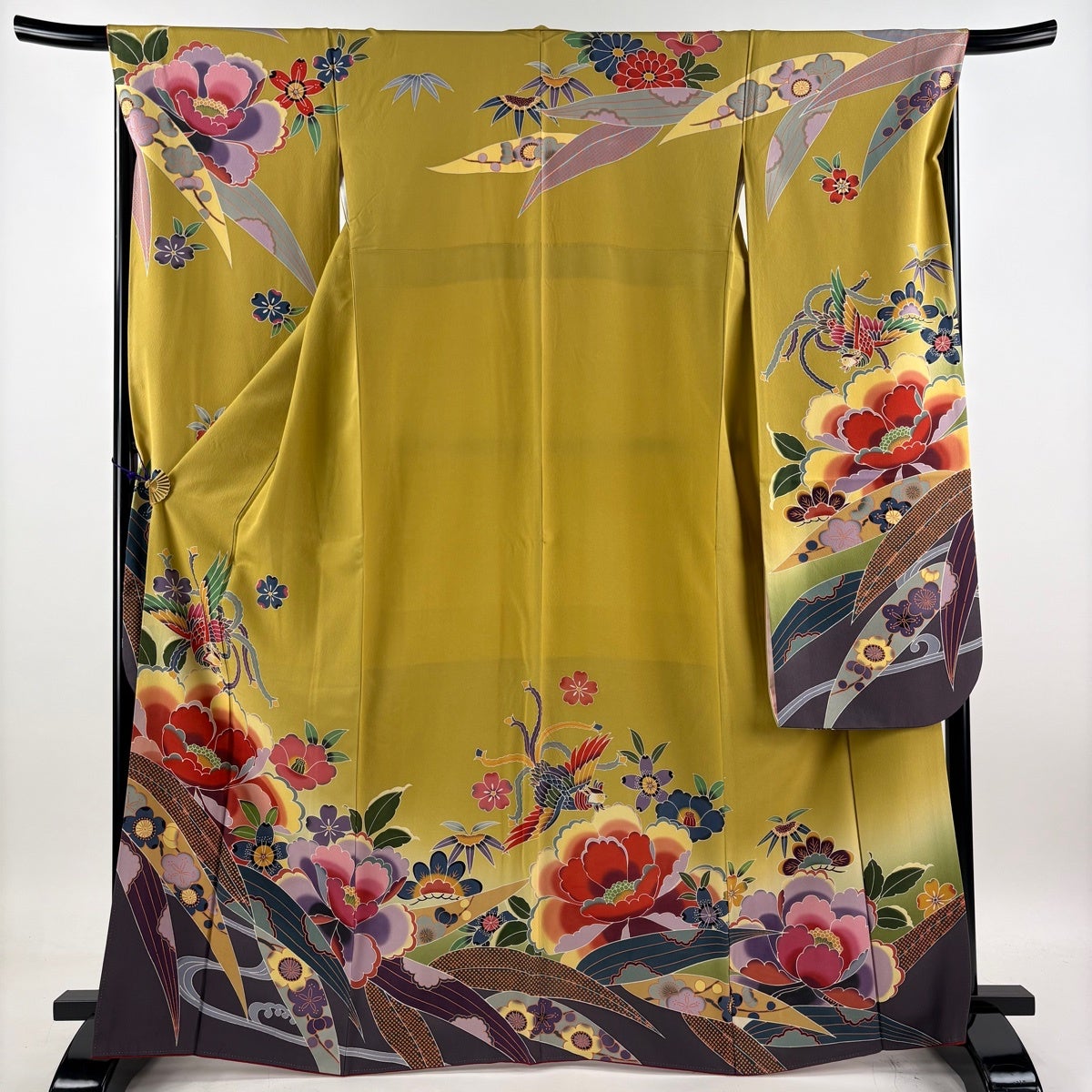 美品】 振袖 身丈167cm 裄丈68cm L 袷 袋帯フルセット 落款あり 草花