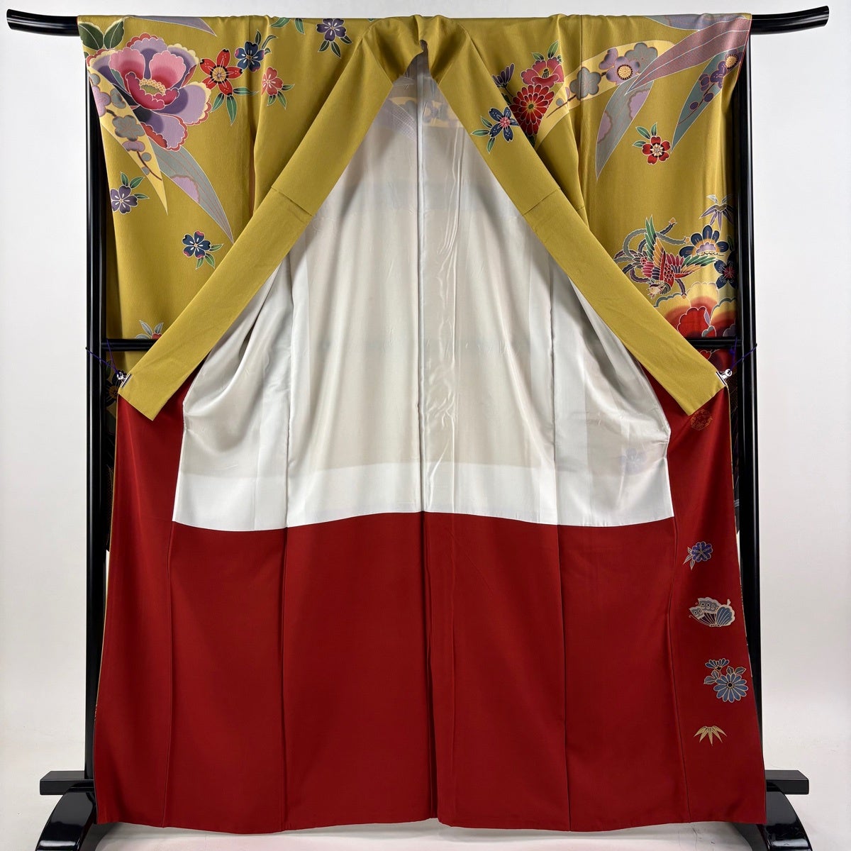 美品】 振袖 身丈167cm 裄丈68cm L 袷 袋帯フルセット 落款あり 草花
