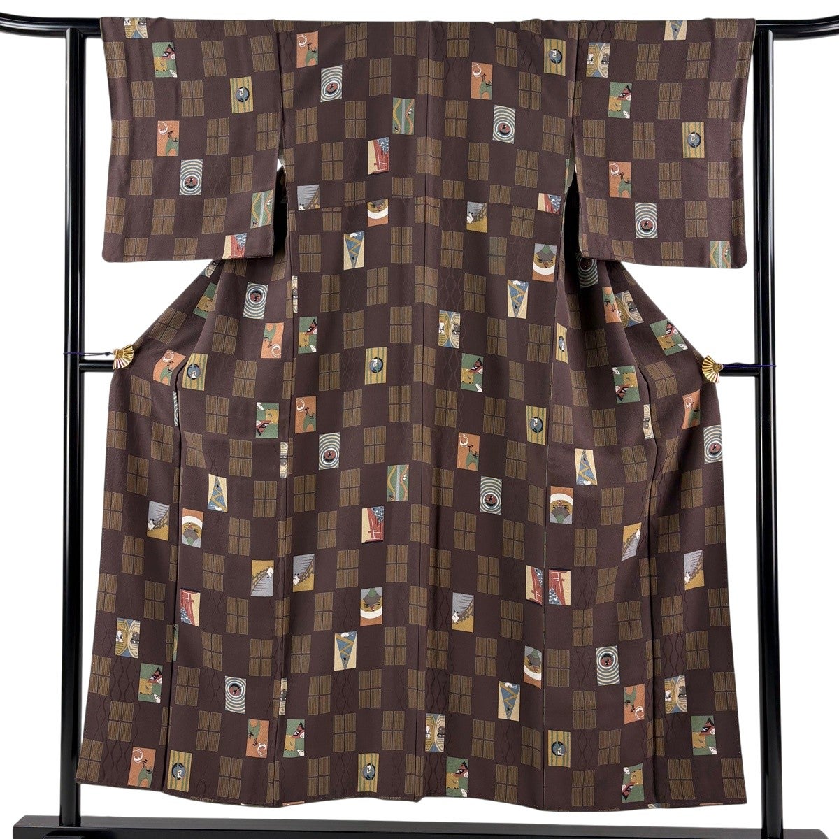 美品】 小紋 身丈160cm 裄丈67cm M 袷 草花 茶色 正絹 秀品｜中古
