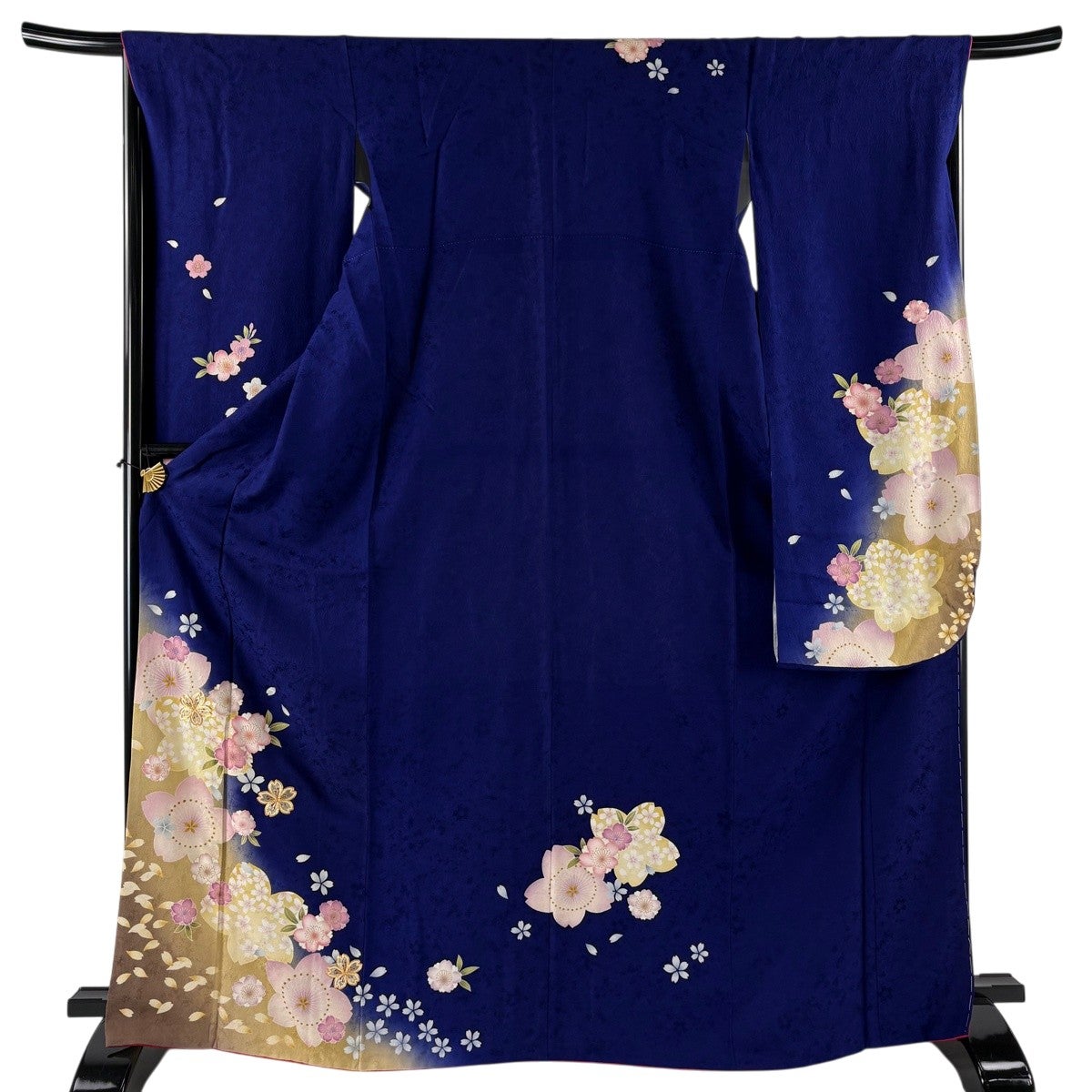 トール振袖 濃紫×藤色 花吹雪 流れ模様 身丈168 裄63 袖丈107 振袖 身丈167cm 裄丈67cm M 袷 やまと 桜 桜の花びら 金糸 金彩 青紫