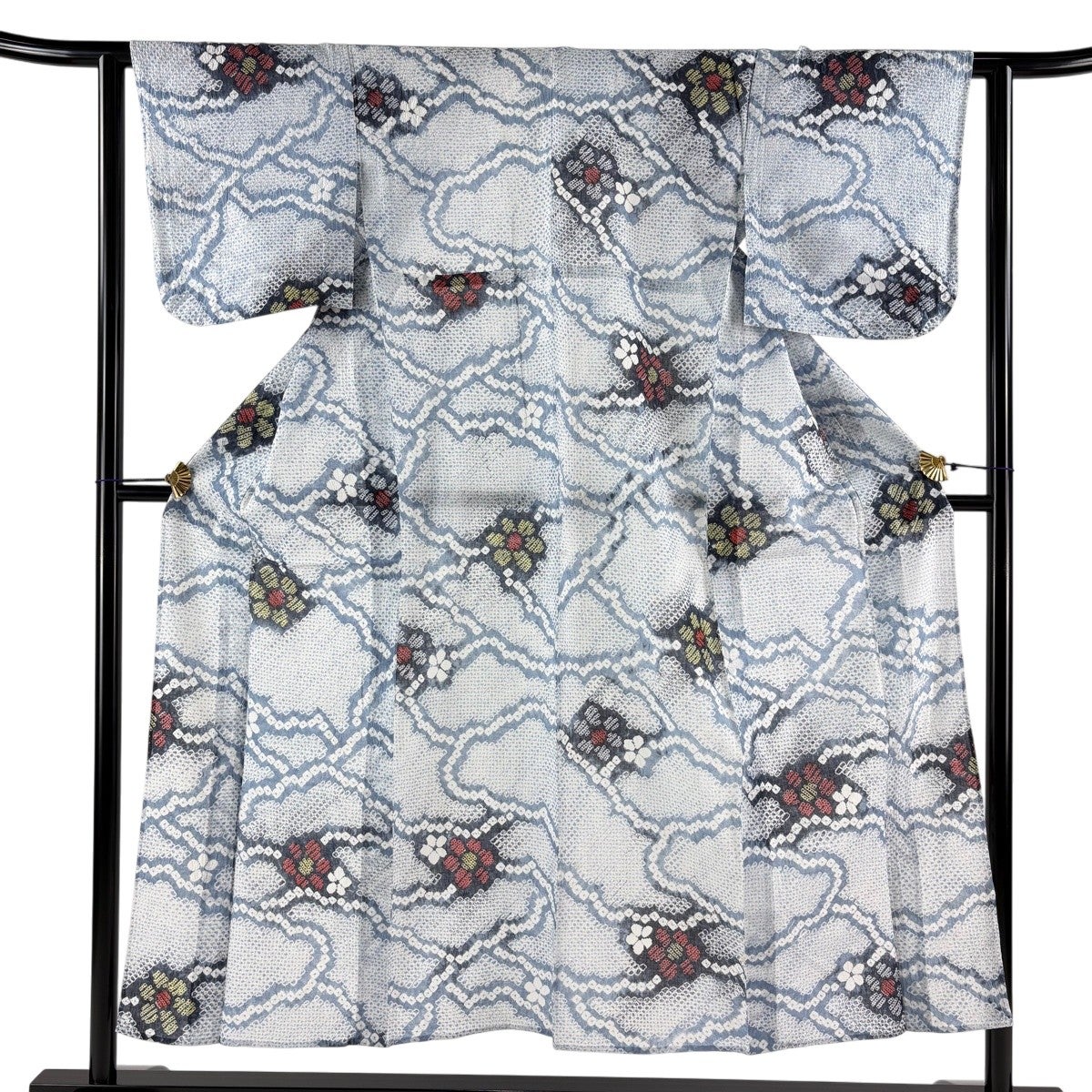 美品】 浴衣 身丈154cm 裄丈61cm S 絞り浴衣 団扇 草花 灰色 綿 名品