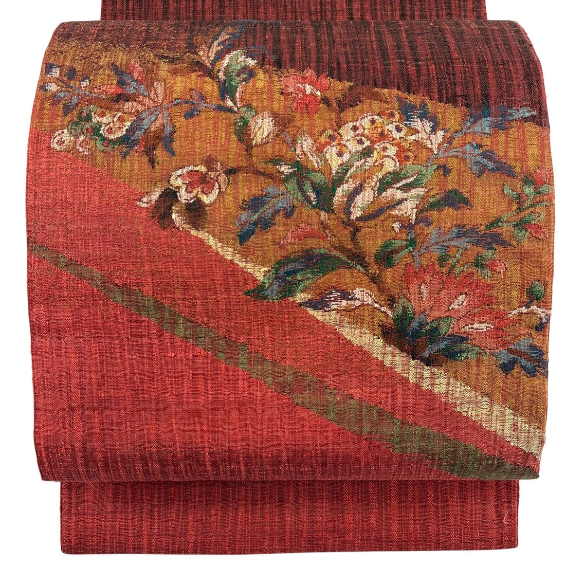美品】 袋帯 名品 渡文 落款あり リバーシブル 草花 金糸 茜色 お太鼓