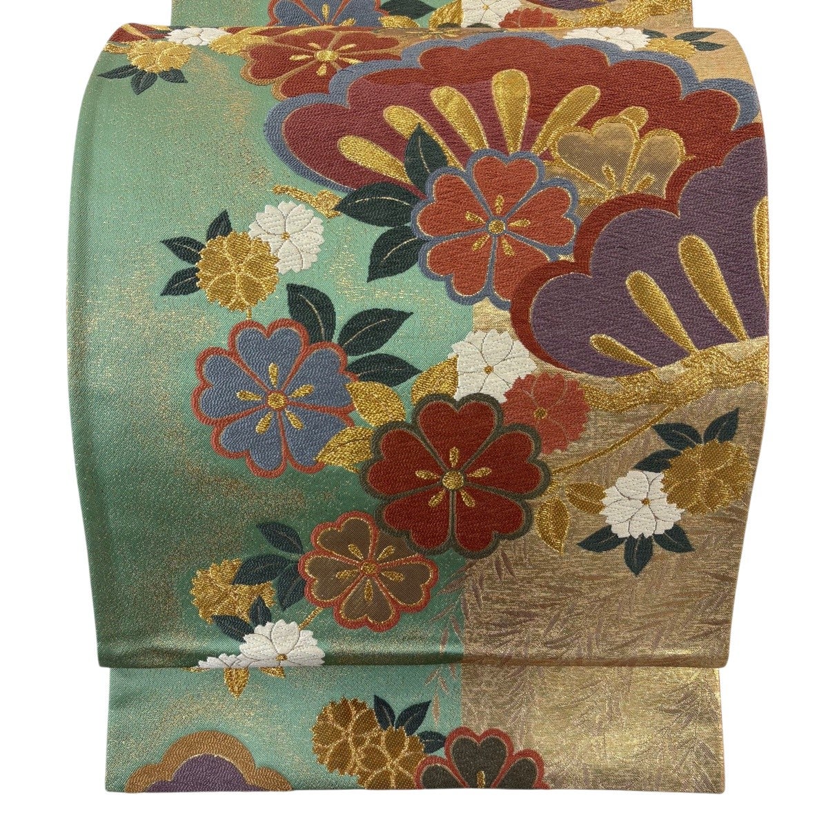 袋帯 逸品 辻村ジュサブロー 落款あり 草花 箔 深緑 六通 正絹｜中古