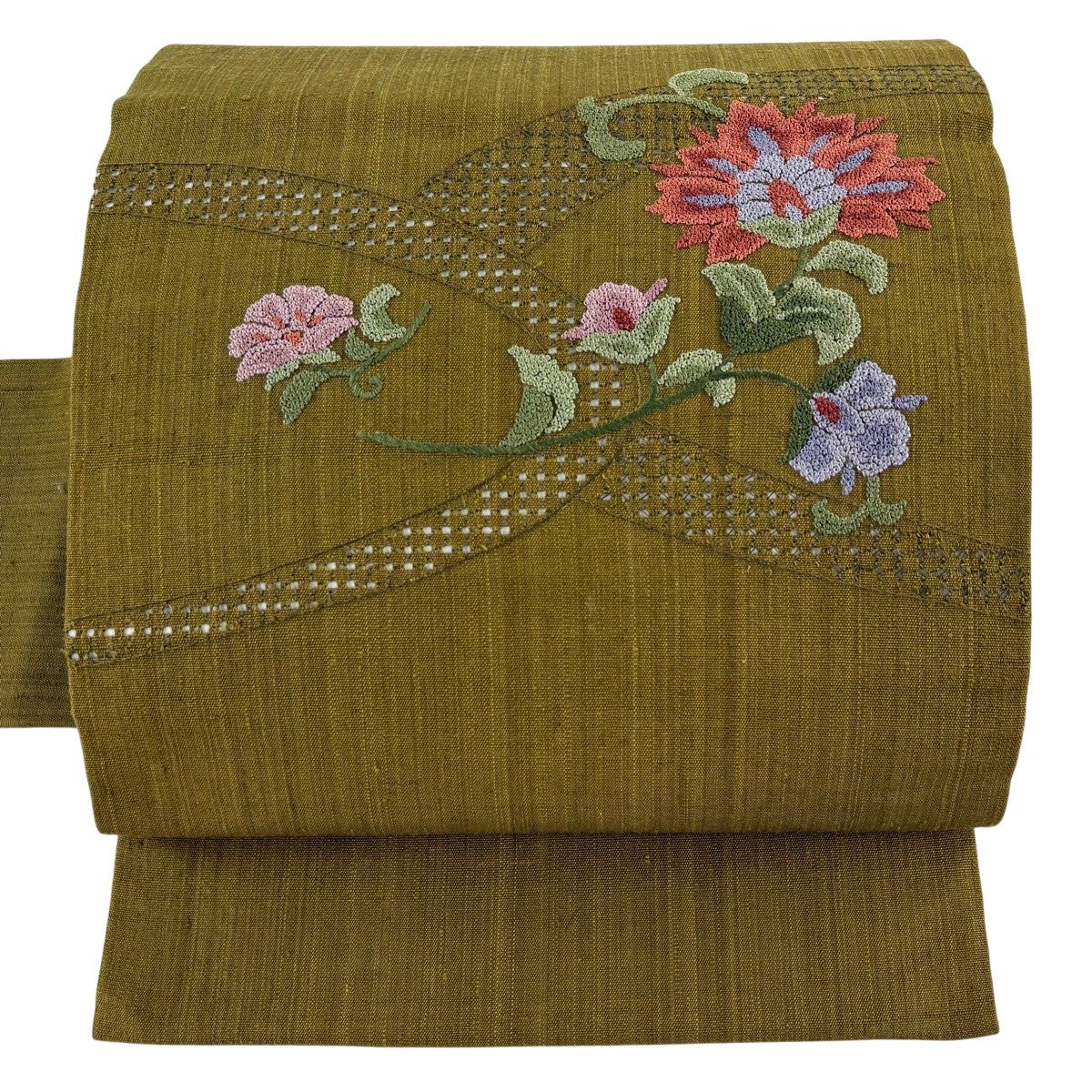 美品】 名古屋帯 秀品 草花 金銀糸 刺繍 黄土色 正絹｜中古・古着