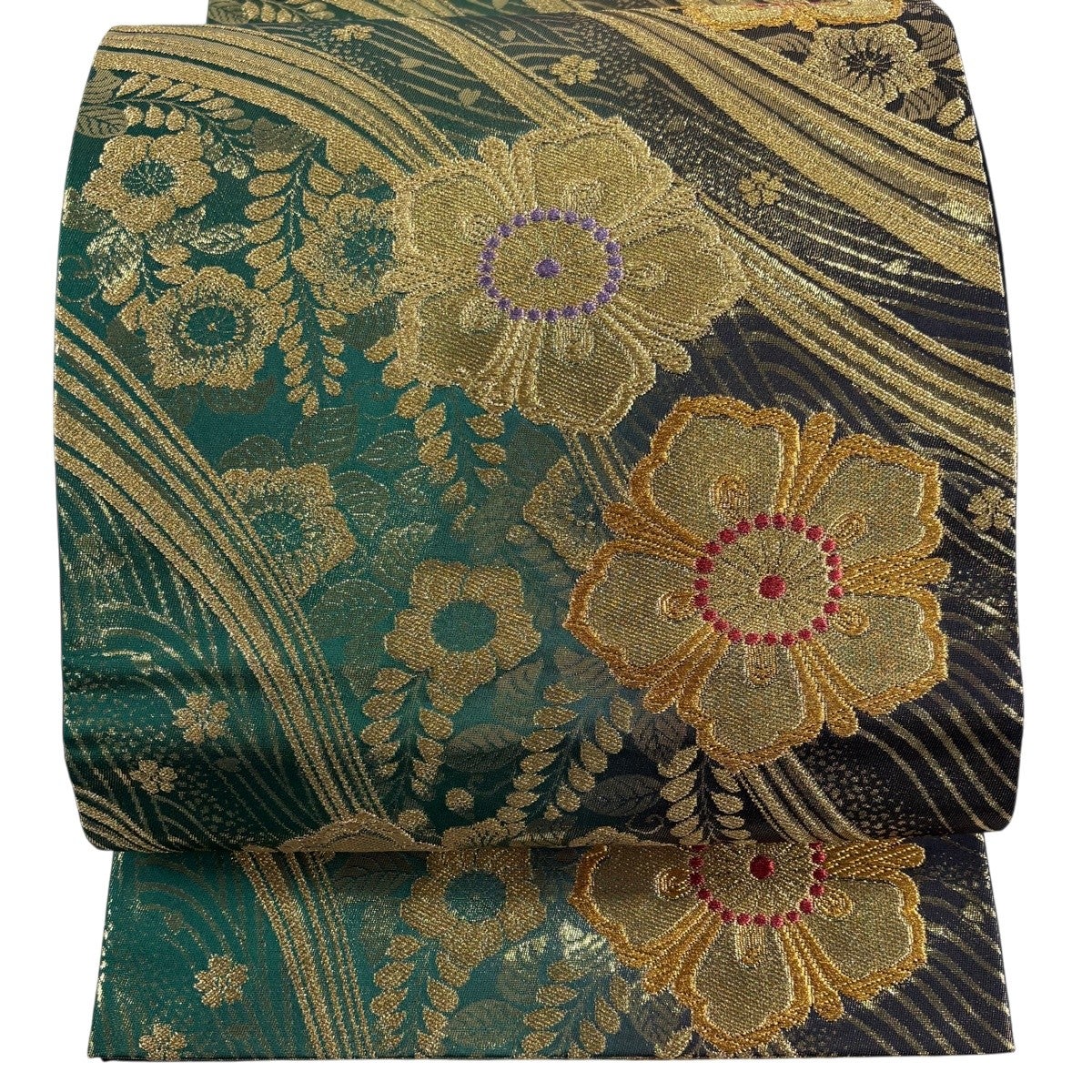 美品】 袋帯 秀品 草花 波 金糸 箔 緑 六通 正絹｜中古・古着