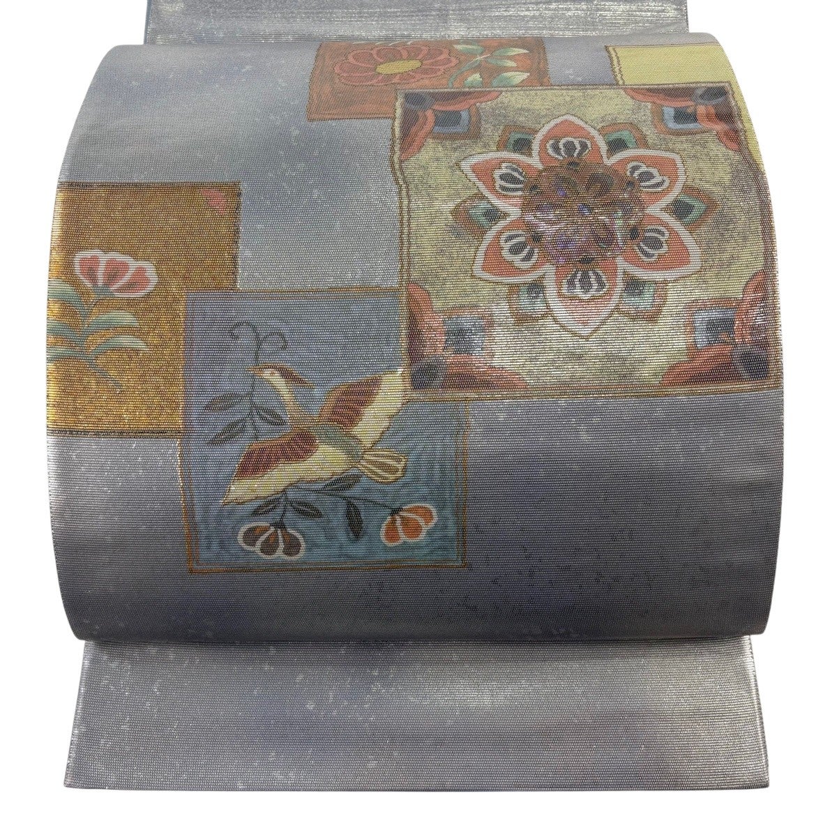袋帯 美品 秀品 華文 鳥 螺鈿 箔 灰茶 お太鼓柄 正絹 【中古】 ☆☆☆ 袋帯 お太鼓柄 正絹 花食い鳥 茶色 人物