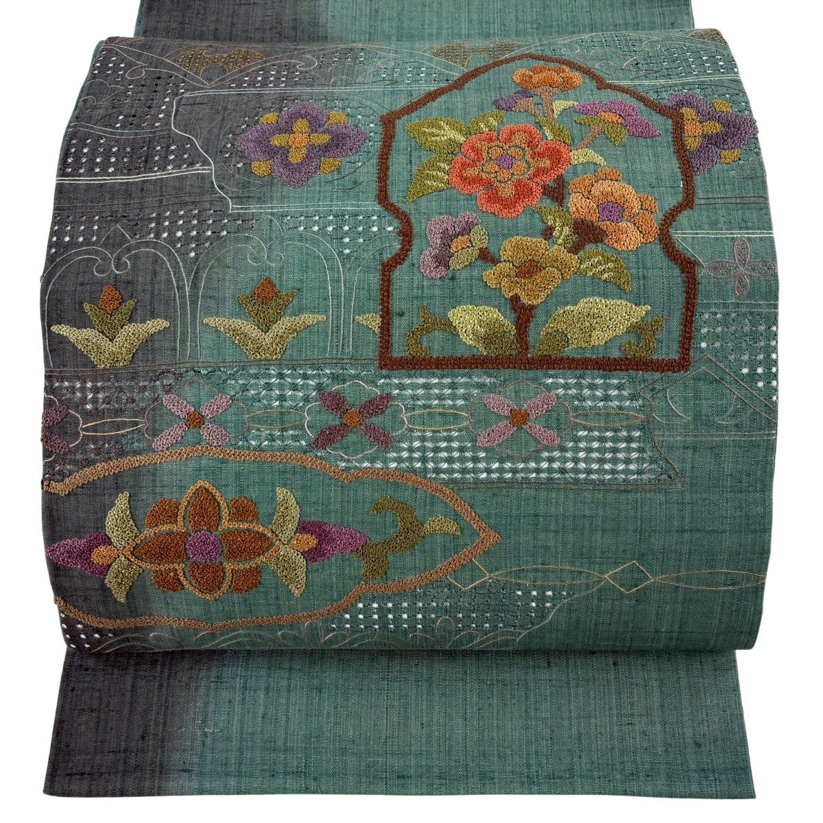美品】 袋帯 秀品 紬地 草花 相良刺繍 赤紫 お太鼓柄 正絹｜中古・古着