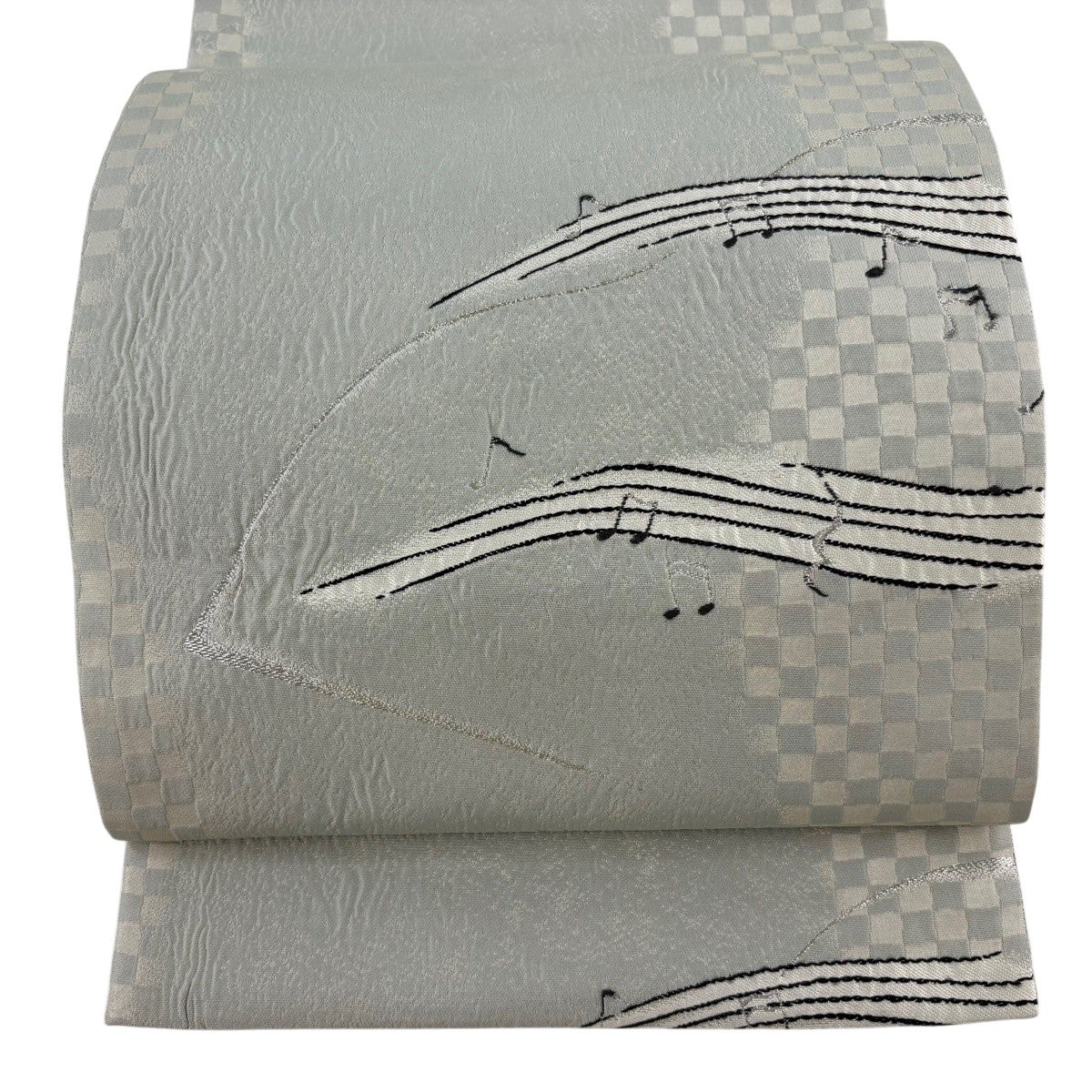 美品 名古屋帯(銀色系) 美品】 袋名古屋帯 逸品 音符 市松 金銀糸 灰緑 正絹｜中古・古着