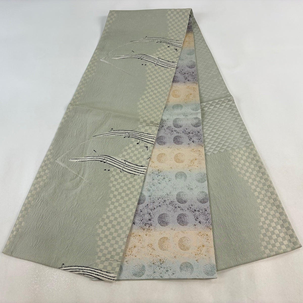 名古屋帯　明綴れ　黒　ゴールド　シルバー　グレー　白　呂　B594 美品】 名古屋帯 秀品 夏帯 絽 八寸名古屋帯 松葉仕立て よろけ縞